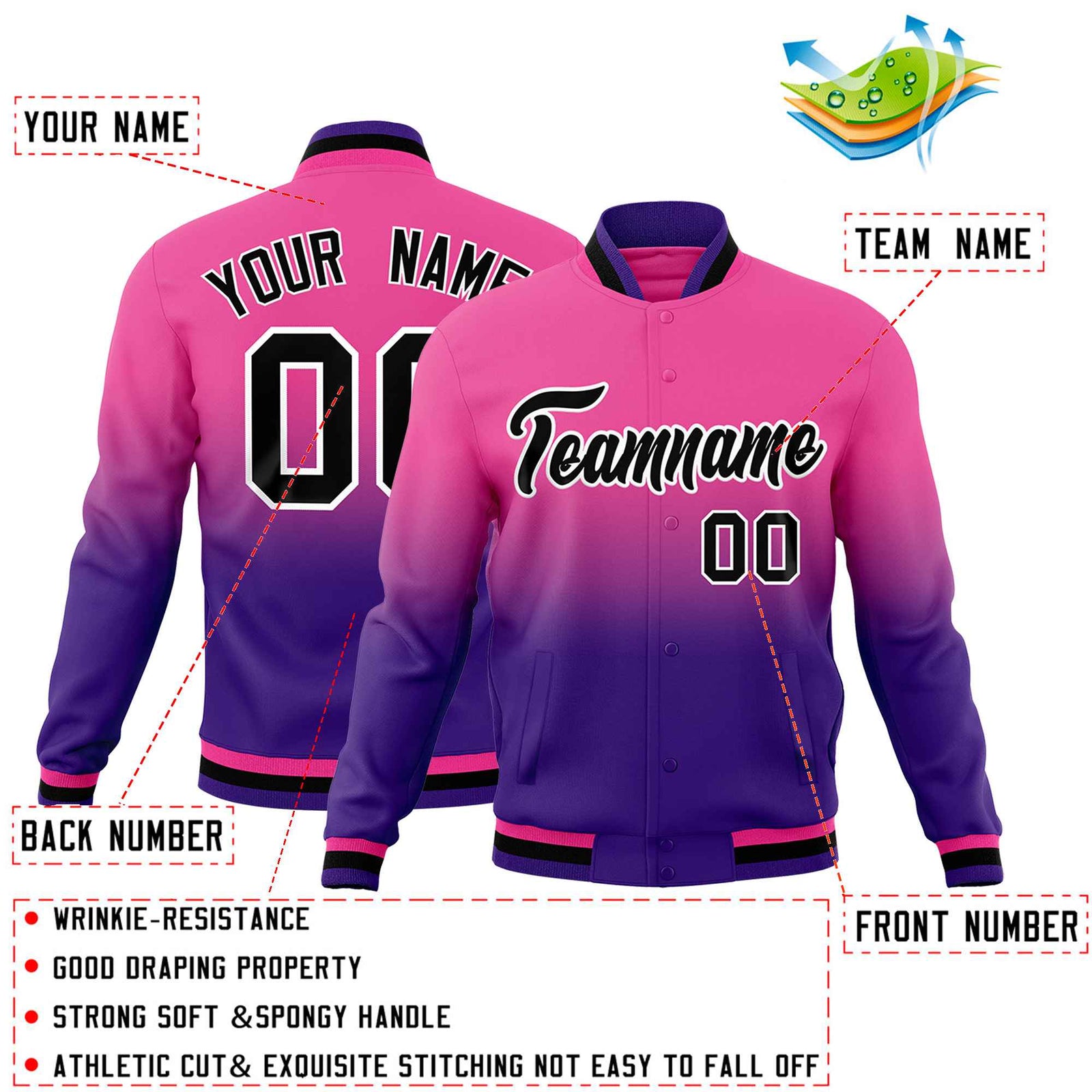 Custom Pink Purple Full-Snap Varsity Personalization Gradient Fashion Letterman Jacket
