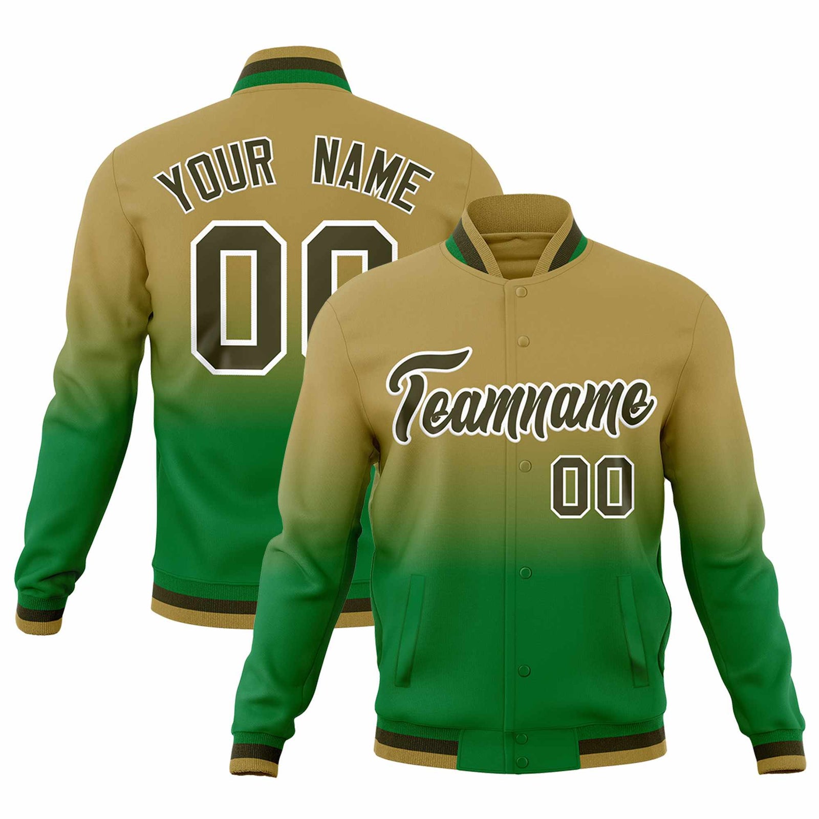 Custom Desert Yellow Kelly Green Full-Snap Varsity Personalization Gradient Fashion Letterman Jacket
