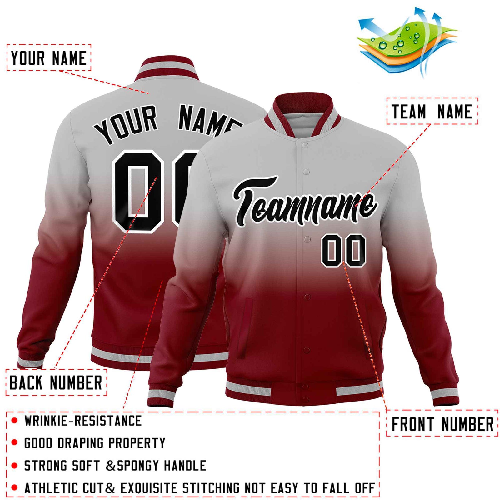 Custom Gray Crimson Full-Snap Varsity Personalization Gradient Fashion Letterman Jacket