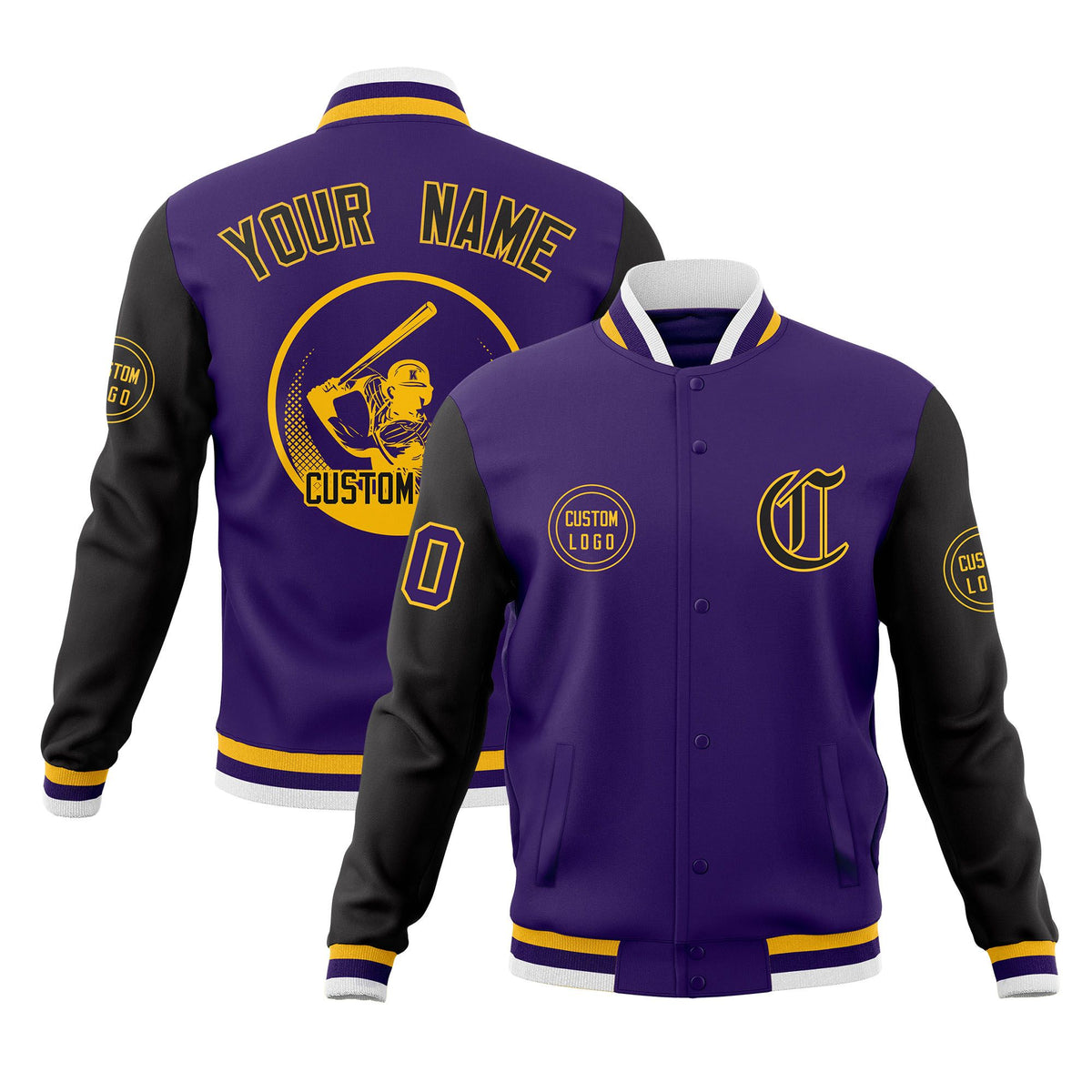 Custom Purple Black Raglan Sleeves Full-Snap Varsity Personalized Letterman Baseball Coats Jacket