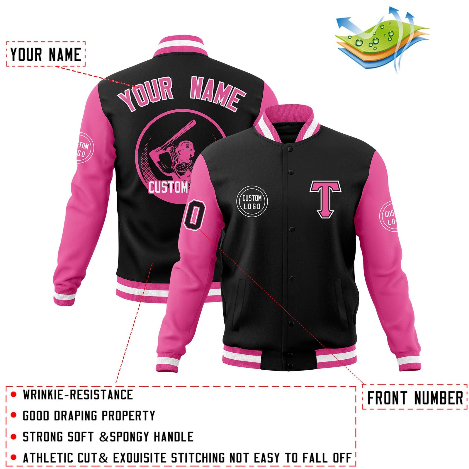 Custom Black Pink Raglan Sleeves Full-Snap Varsity Personalized Letterman Baseball Coats Jacket