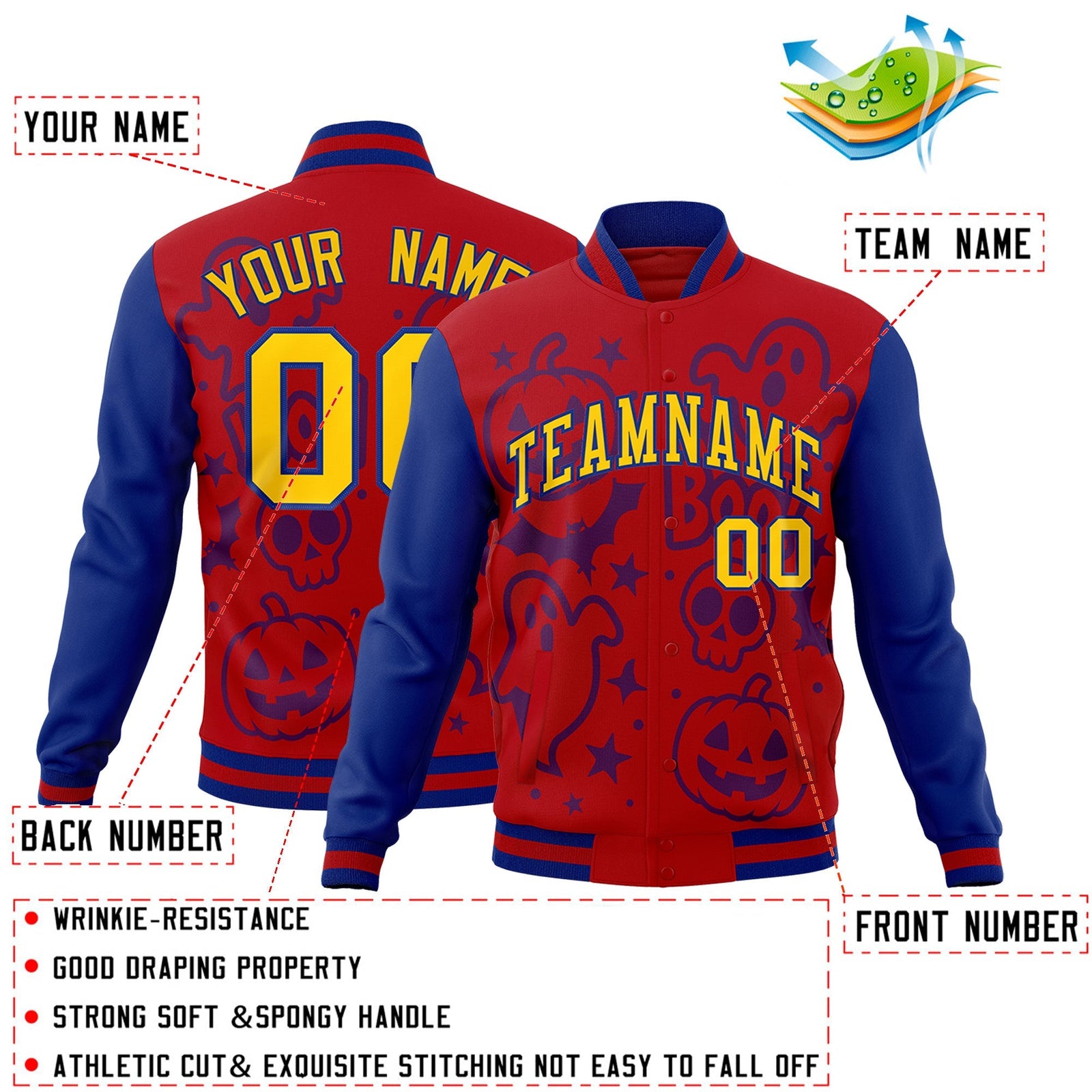 Custom Royal Red Royal Blue Bats Pumpkins Ghost Patterns Halloween Letterman Jacket | Custom Letterman Jacket,Add Name and Numbern,Sublimation Printed & Stitched,Perfect for Parties | KXKSHOP
