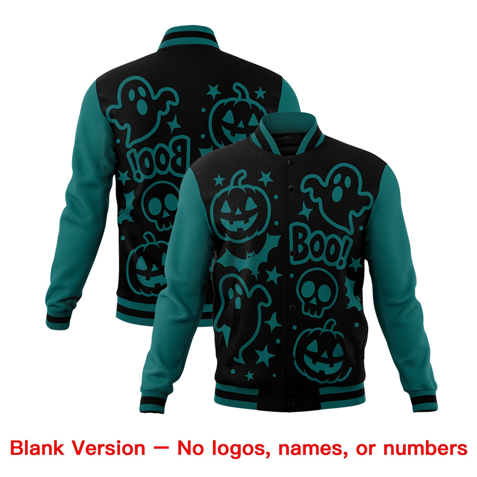 Custom Teal Black Neon Green Bats Pumpkins Ghost Patterns Halloween Letterman Jacket | Custom Letterman Jacket,Add Name and Numbern,Sublimation Printed & Stitched,Perfect for Parties | KXKSHOP