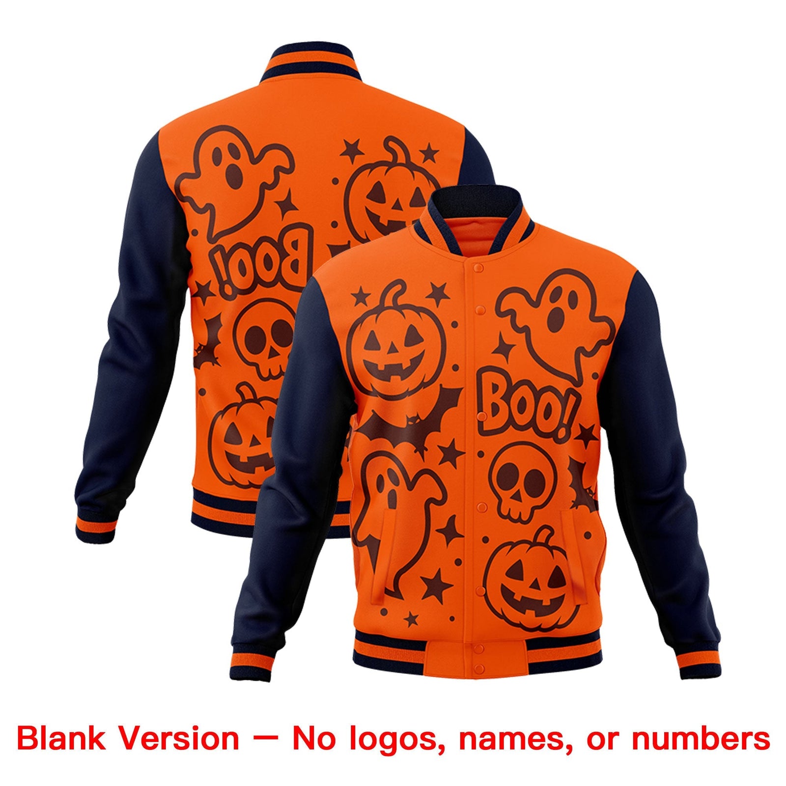 Custom Navy Orange Teal Bats Pumpkins Ghost Patterns Halloween Letterman Jacket | Custom Letterman Jacket,Add Name and Numbern,Sublimation Printed & Stitched,Perfect for Parties | KXKSHOP