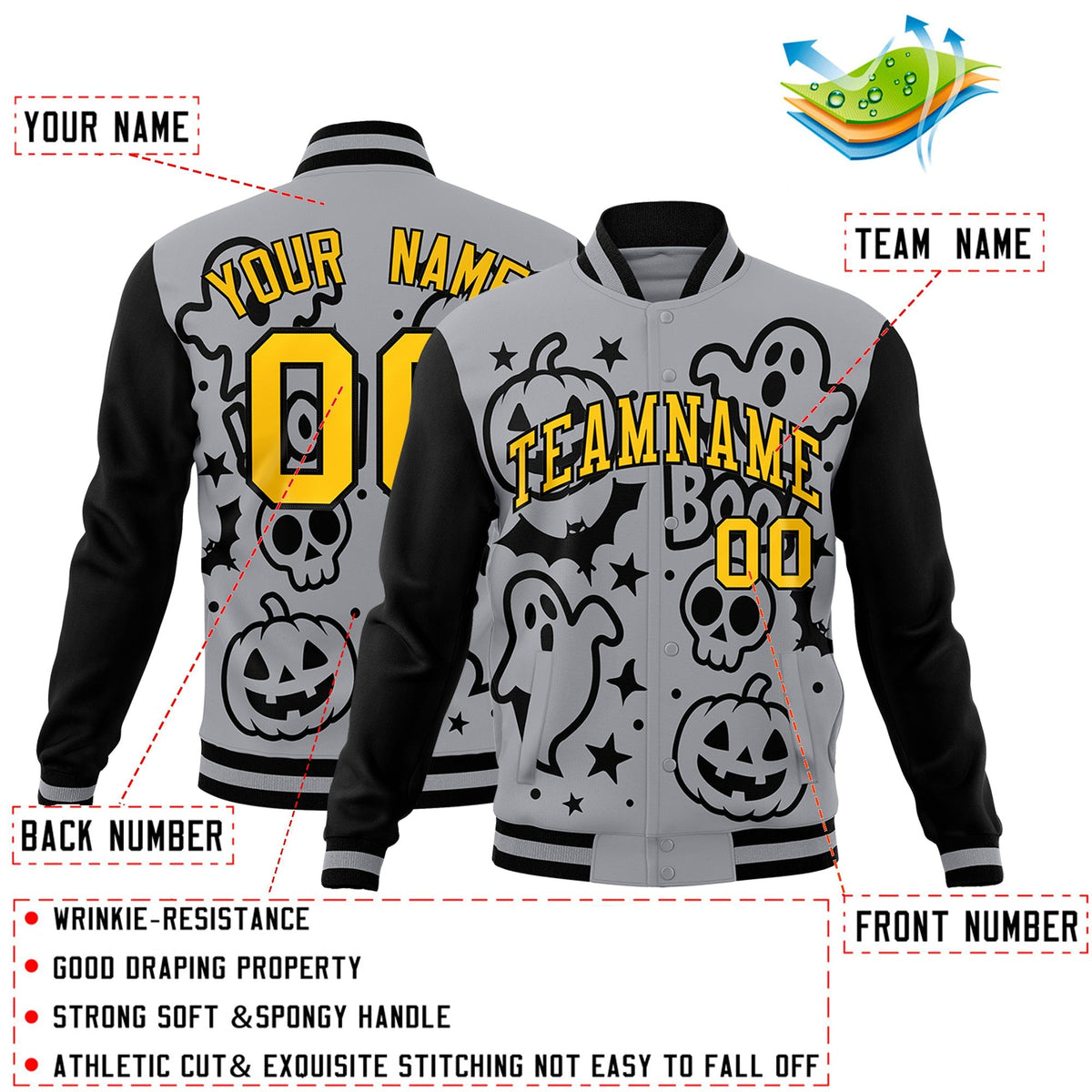 Custom Gray Black Gold Bats Pumpkins Ghost Patterns Halloween Letterman Jacket | Custom Letterman Jacket,Add Name and Numbern,Sublimation Printed &amp; Stitched,Perfect for Parties | KXKSHOP