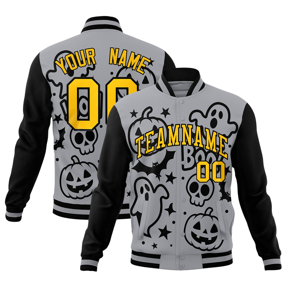 Custom Gray Black Gold Bats Pumpkins Ghost Patterns Halloween Letterman Jacket | Custom Letterman Jacket,Add Name and Numbern,Sublimation Printed &amp; Stitched,Perfect for Parties | KXKSHOP