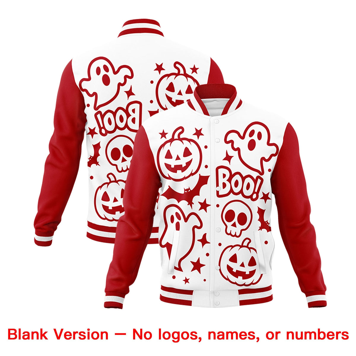 Custom White Red Gold Bats Pumpkins Ghost Patterns Halloween Letterman Jacket | Custom Letterman Jacket,Add Name and Numbern,Sublimation Printed &amp; Stitched,Perfect for Parties | KXKSHOP