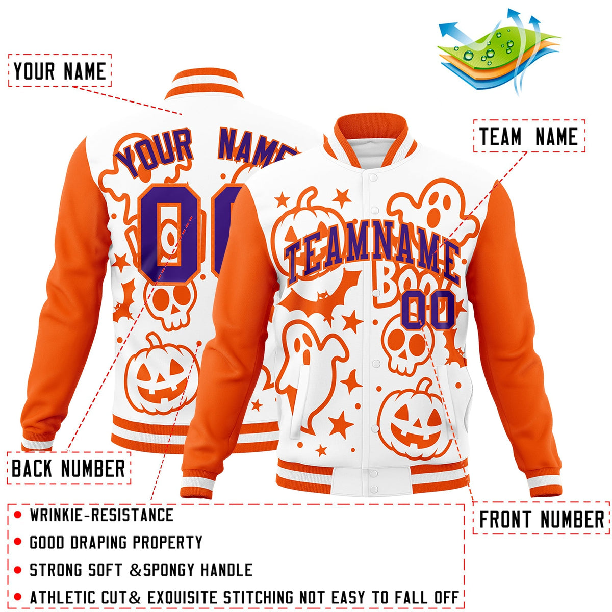 Custom White Orange Purple Bats Pumpkins Ghost Patterns Halloween Letterman Jacket | Custom Letterman Jacket,Add Name and Numbern,Sublimation Printed &amp; Stitched,Perfect for Parties | KXKSHOP