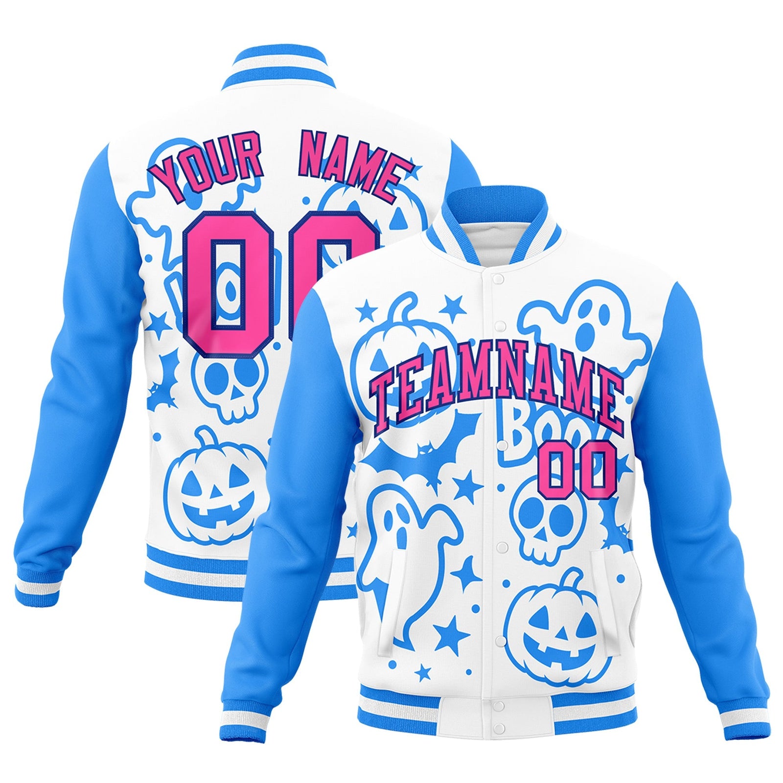Custom White Powder Blue Pink Bats Pumpkins Ghost Patterns Halloween Letterman Jacket | Custom Letterman Jacket,Add Name and Numbern,Sublimation Printed & Stitched,Perfect for Parties | KXKSHOP
