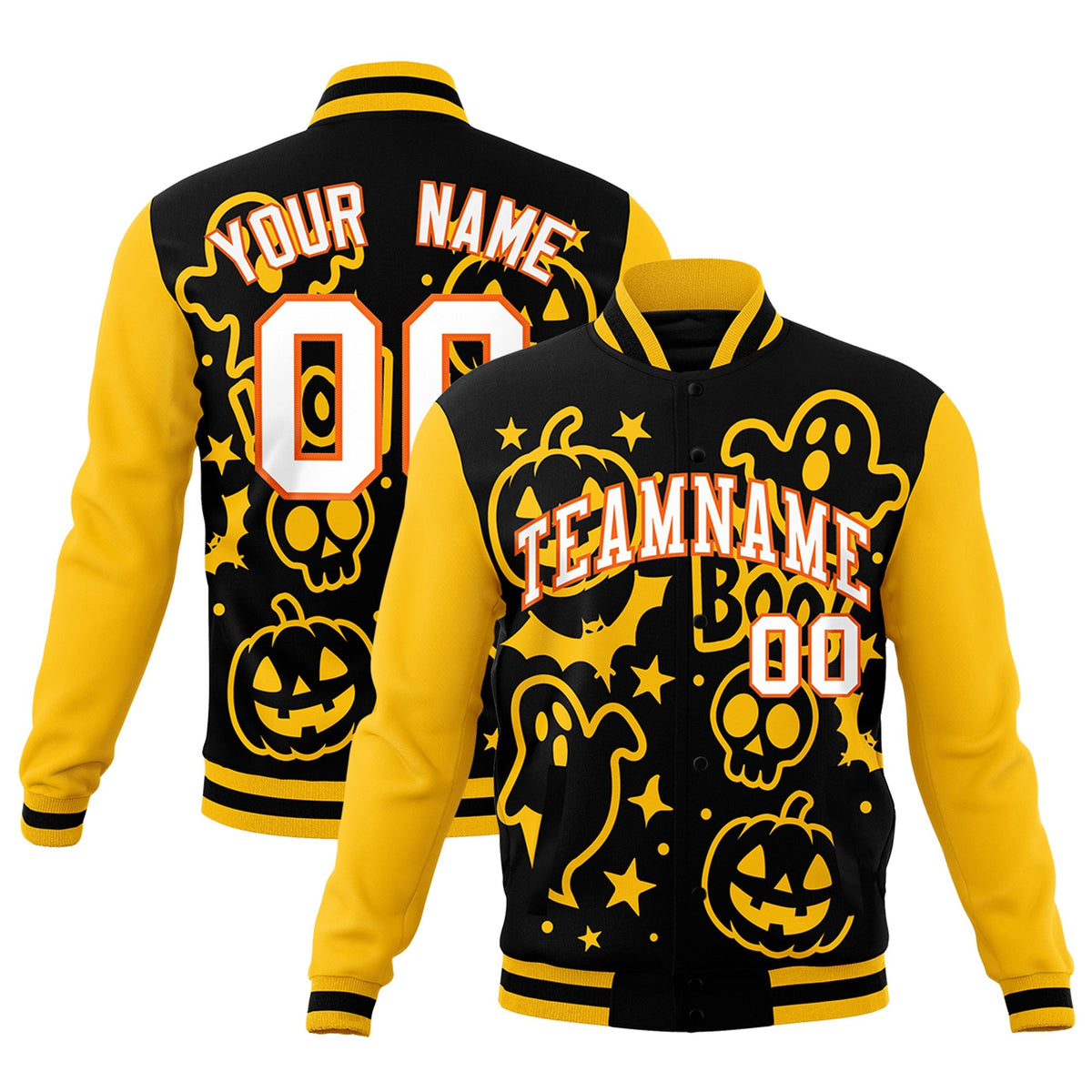 Custom Gold Black White Bats Pumpkins Ghost Patterns Halloween Letterman Jacket | Custom Letterman Jacket,Add Name and Numbern,Sublimation Printed &amp; Stitched,Perfect for Parties | KXKSHOP