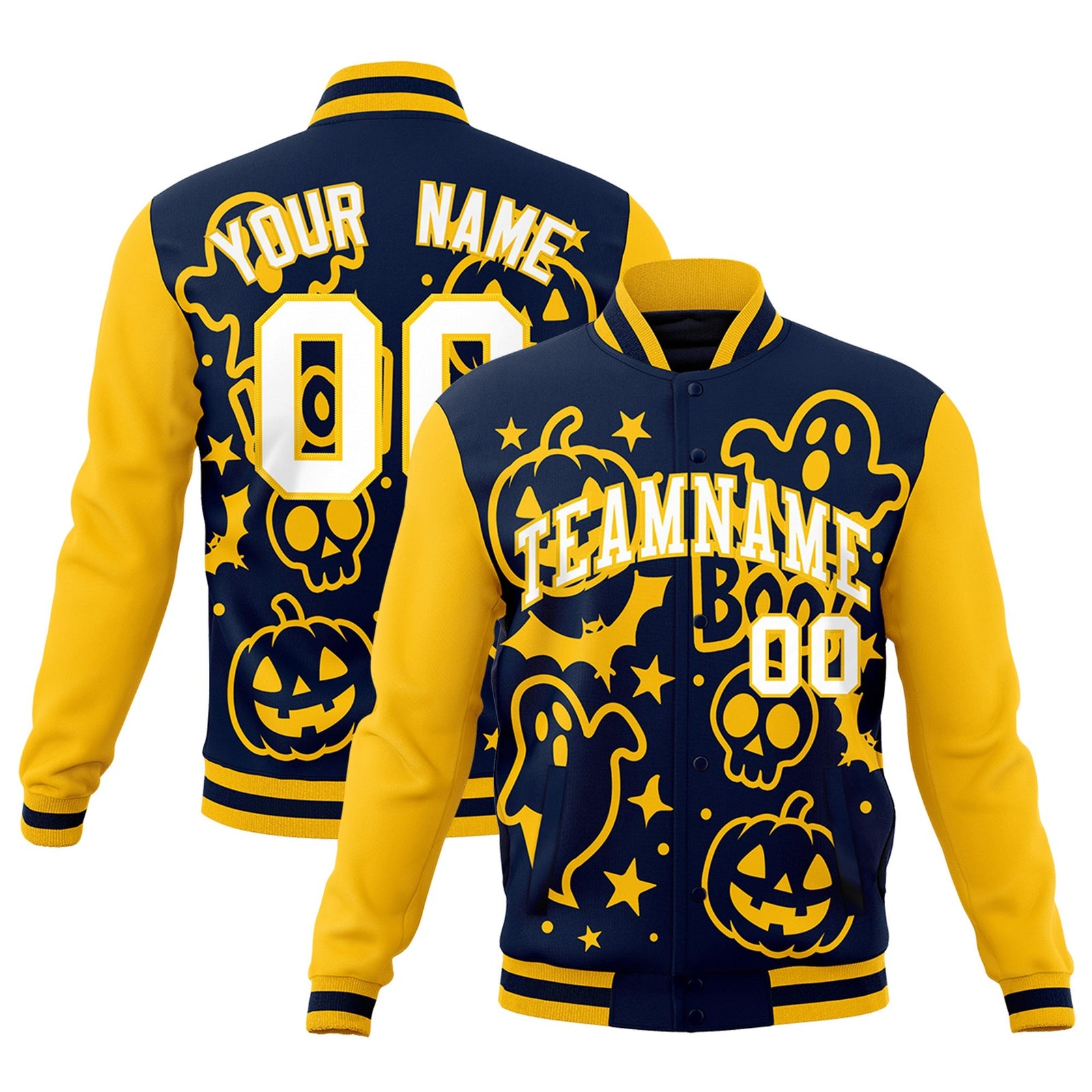 Custom Gold Navy White Bats Pumpkins Ghost Patterns Halloween Letterman Jacket | Custom Letterman Jacket,Add Name and Numbern,Sublimation Printed & Stitched,Perfect for Parties | KXKSHOP