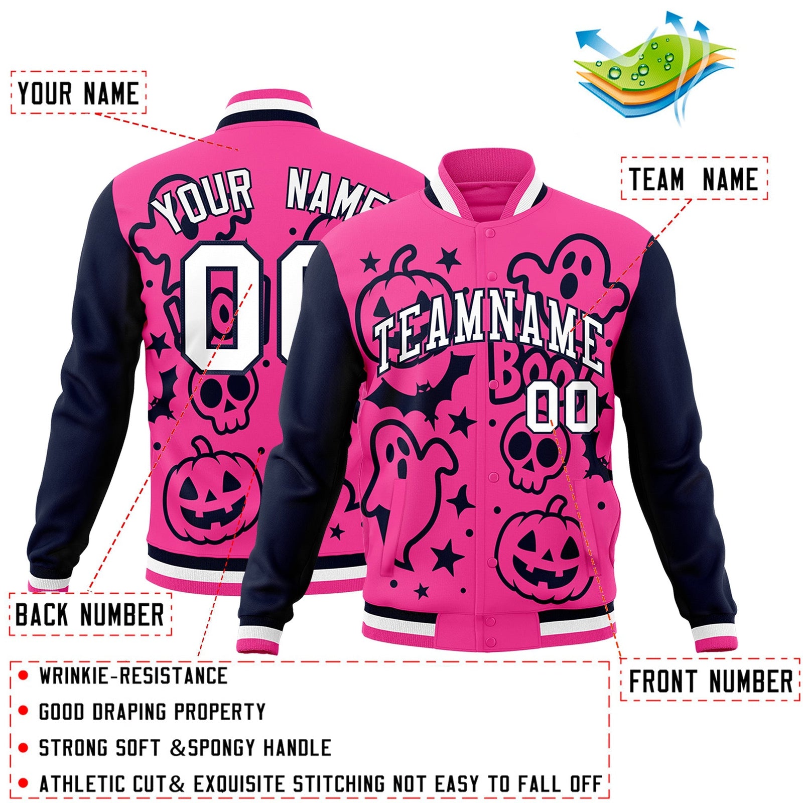 Custom Navy Pink White Bats Pumpkins Ghost Patterns Halloween Letterman Jacket | Custom Letterman Jacket,Add Name and Numbern,Sublimation Printed & Stitched,Perfect for Parties | KXKSHOP