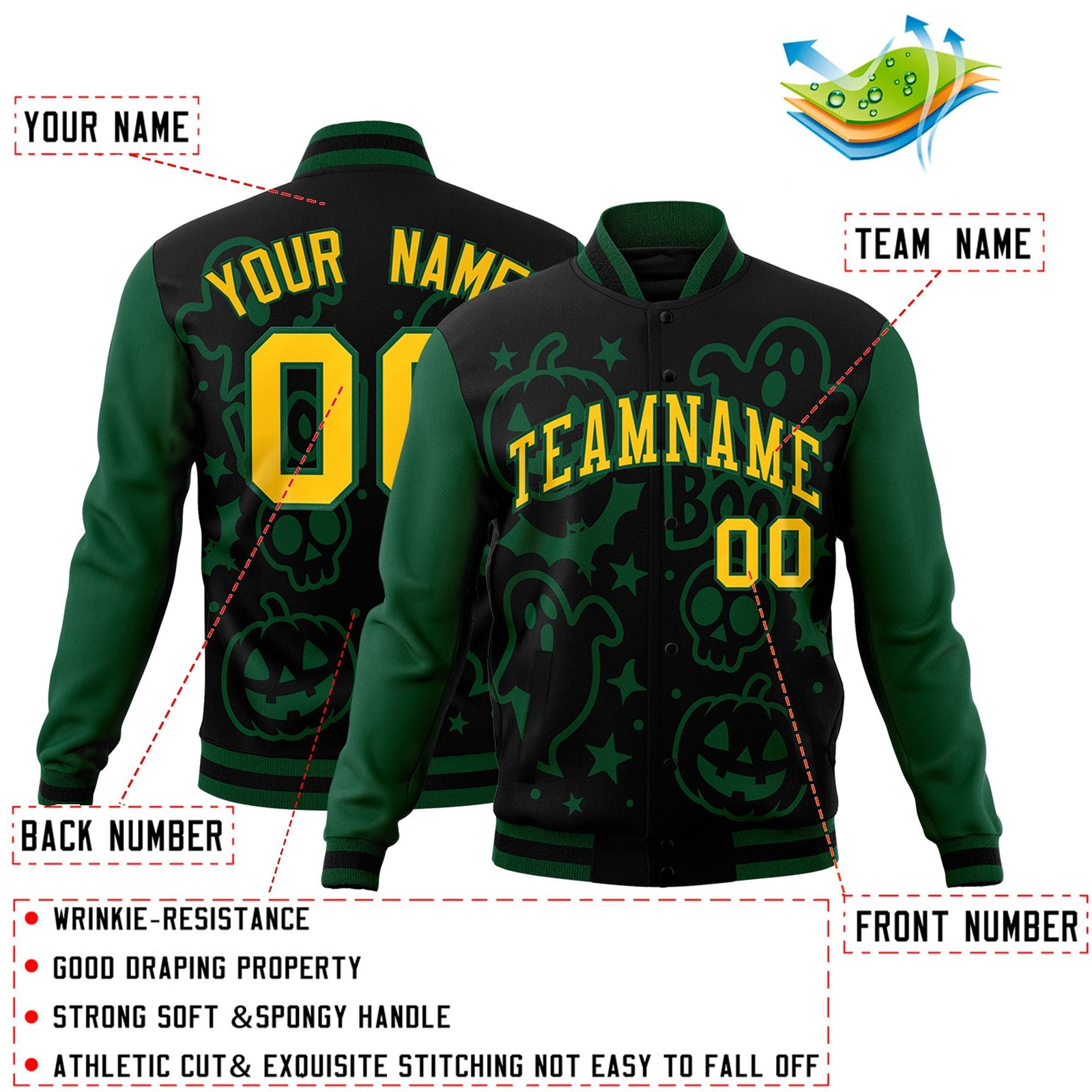 Custom Green Black Gold Bats Pumpkins Ghost Patterns Halloween Letterman Jacket | Custom Letterman Jacket,Add Name and Numbern,Sublimation Printed & Stitched,Perfect for Parties | KXKSHOP