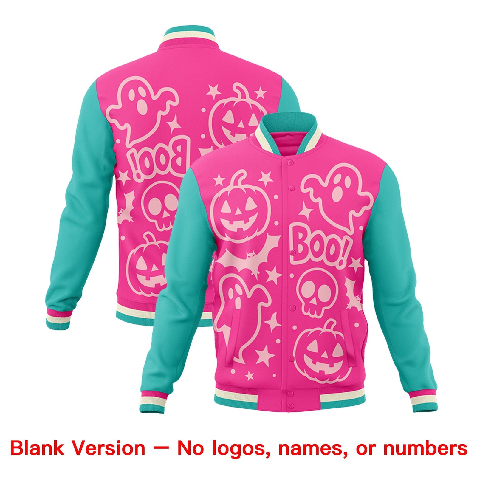 Custom Pink Bright Green Cream Bats Pumpkins Ghost Patterns Halloween Letterman Jacket | Custom Letterman Jacket,Add Name and Numbern,Sublimation Printed & Stitched,Perfect for Parties | KXKSHOP