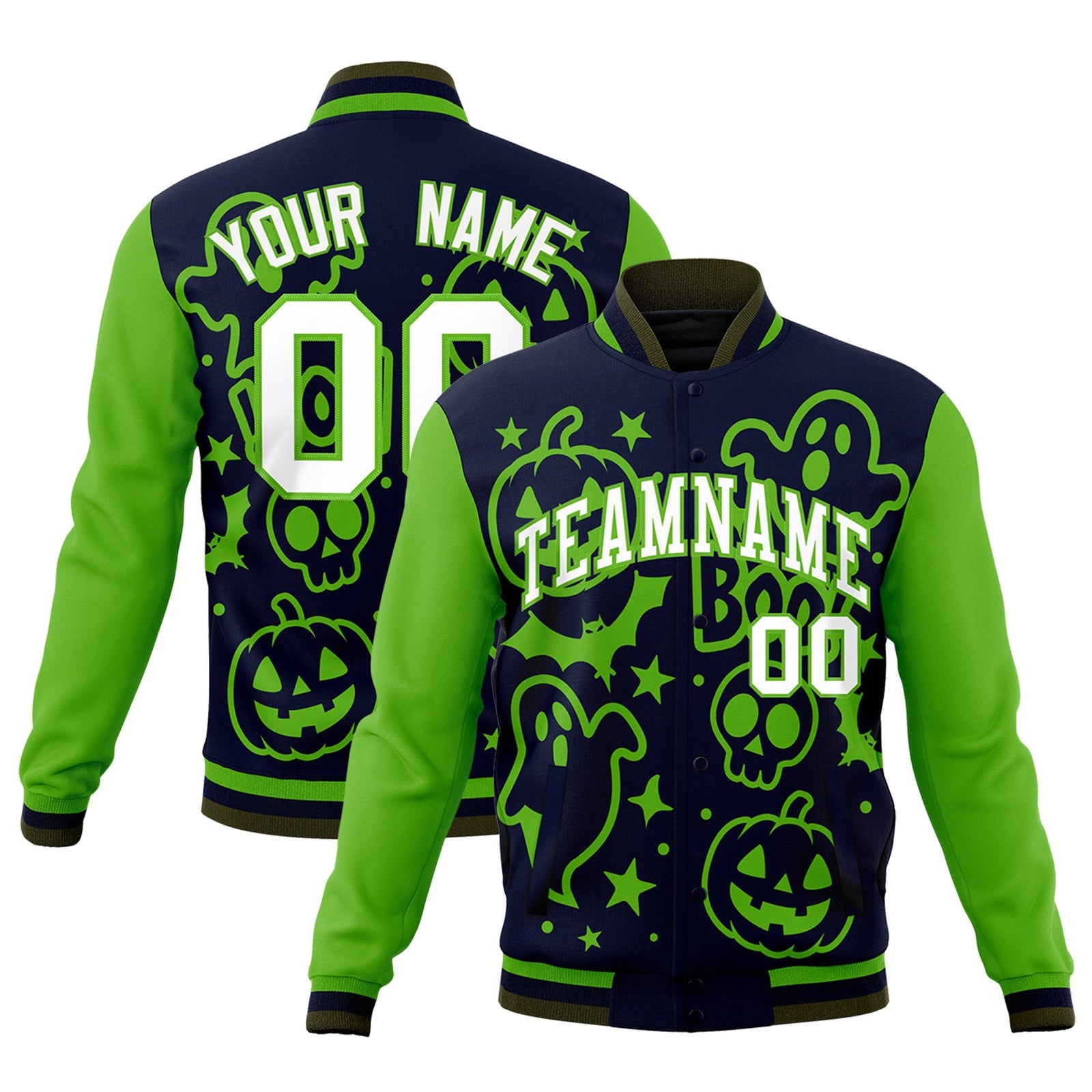 Custom Green Navy Olive Bats Pumpkins Ghost Patterns Halloween Letterman Jacket | Custom Letterman Jacket,Add Name and Numbern,Sublimation Printed & Stitched,Perfect for Parties | KXKSHOP