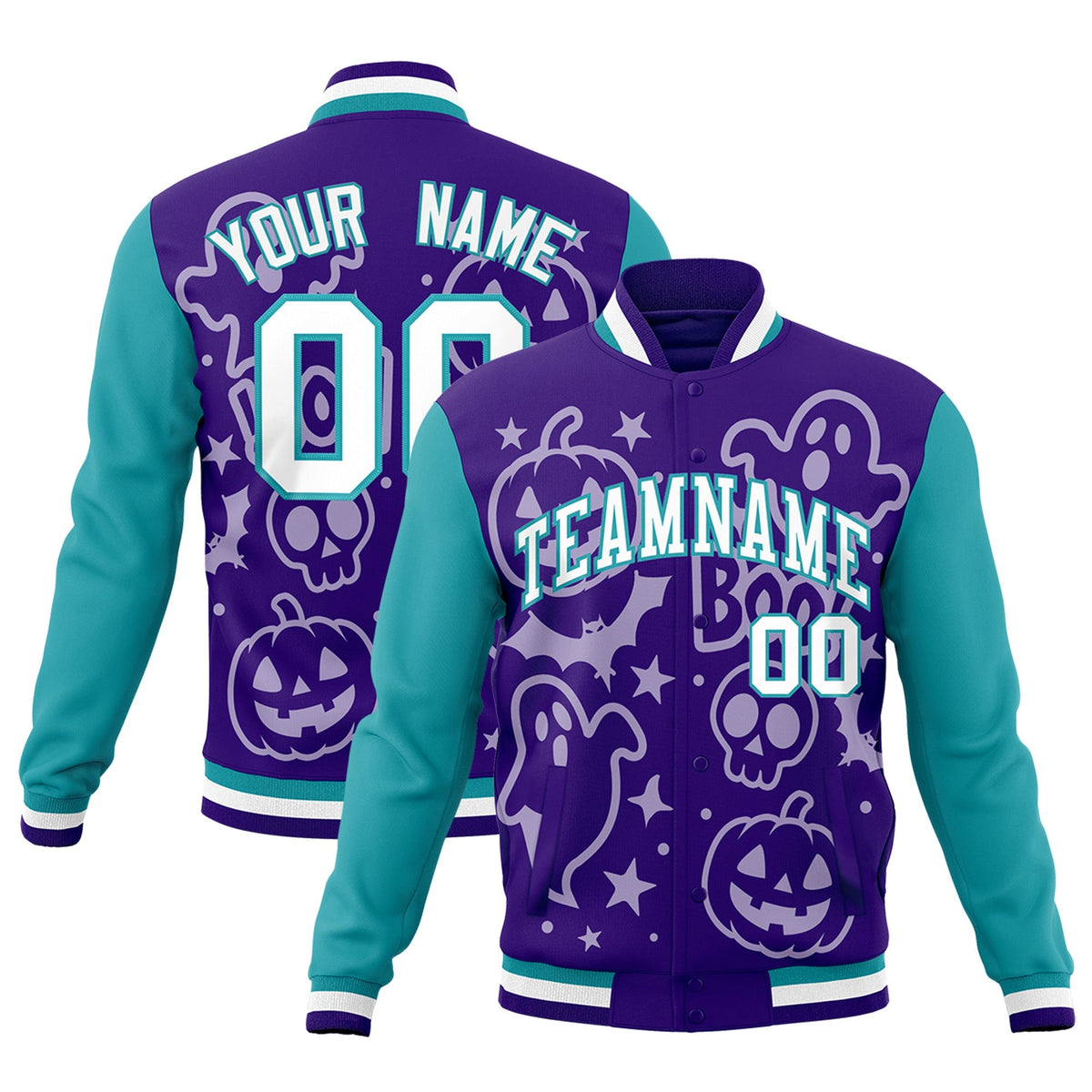 Custom Purple Aqua White Bats Pumpkins Ghost Patterns Halloween Letterman Jacket | Custom Letterman Jacket,Add Name and Numbern,Sublimation Printed &amp; Stitched,Perfect for Parties | KXKSHOP
