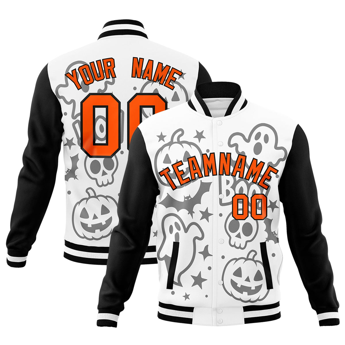 Custom White Black Orange Bats Pumpkins Ghost Patterns Halloween Letterman Jacket | Custom Letterman Jacket,Add Name and Numbern,Sublimation Printed &amp; Stitched,Perfect for Parties | KXKSHOP