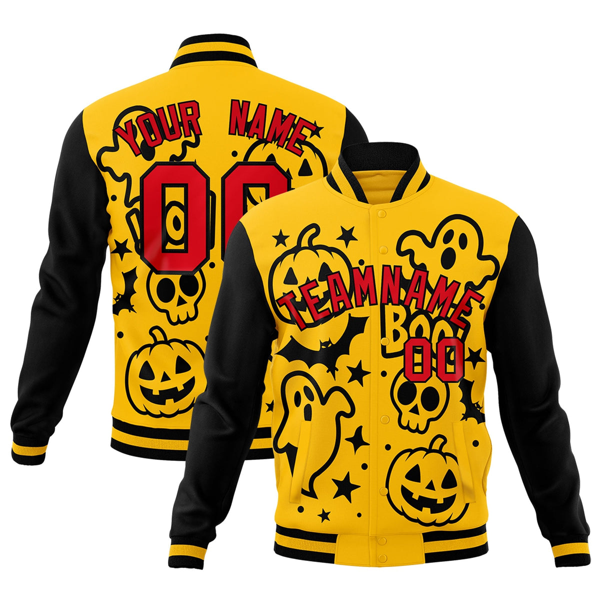 Custom Gold Black Red Bats Pumpkins Ghost Patterns Halloween Letterman Jacket | Custom Letterman Jacket,Add Name and Numbern,Sublimation Printed &amp; Stitched,Perfect for Parties | KXKSHOP