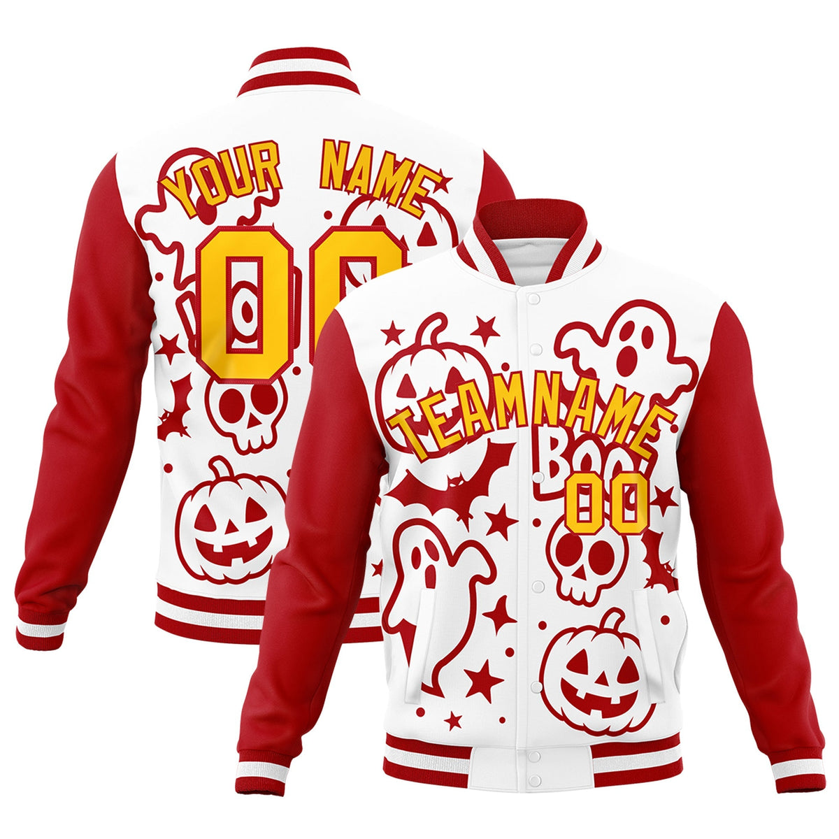 Custom White Red Gold Bats Pumpkins Ghost Patterns Halloween Letterman Jacket | Custom Letterman Jacket,Add Name and Numbern,Sublimation Printed &amp; Stitched,Perfect for Parties | KXKSHOP