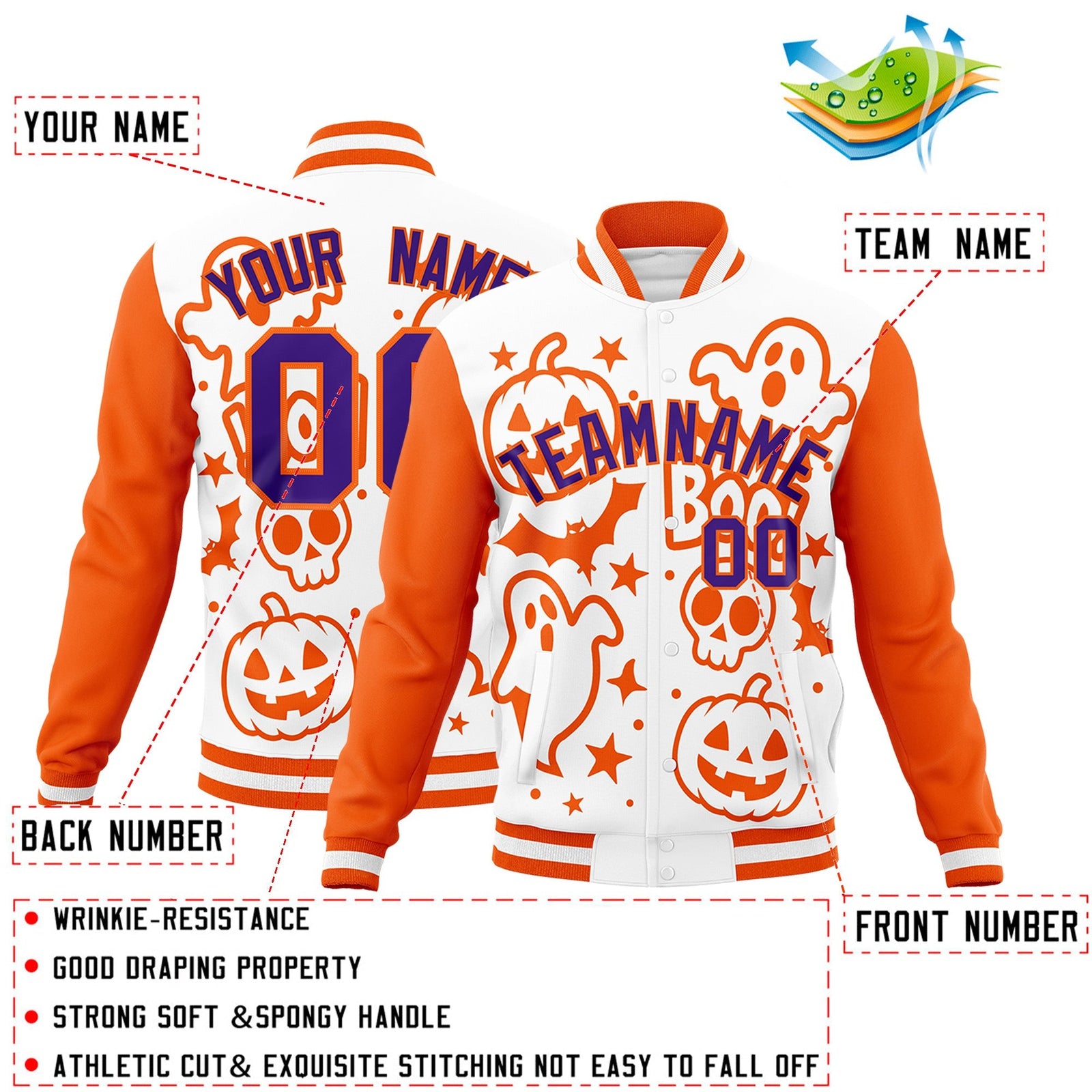 Custom White Orange Purple Bats Pumpkins Ghost Patterns Halloween Letterman Jacket | Custom Letterman Jacket,Add Name and Numbern,Sublimation Printed & Stitched,Perfect for Parties | KXKSHOP