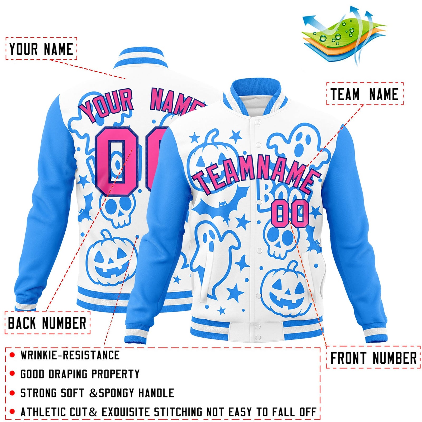 Custom White Powder Blue Pink Bats Pumpkins Ghost Patterns Halloween Letterman Jacket | Custom Letterman Jacket,Add Name and Numbern,Sublimation Printed & Stitched,Perfect for Parties | KXKSHOP