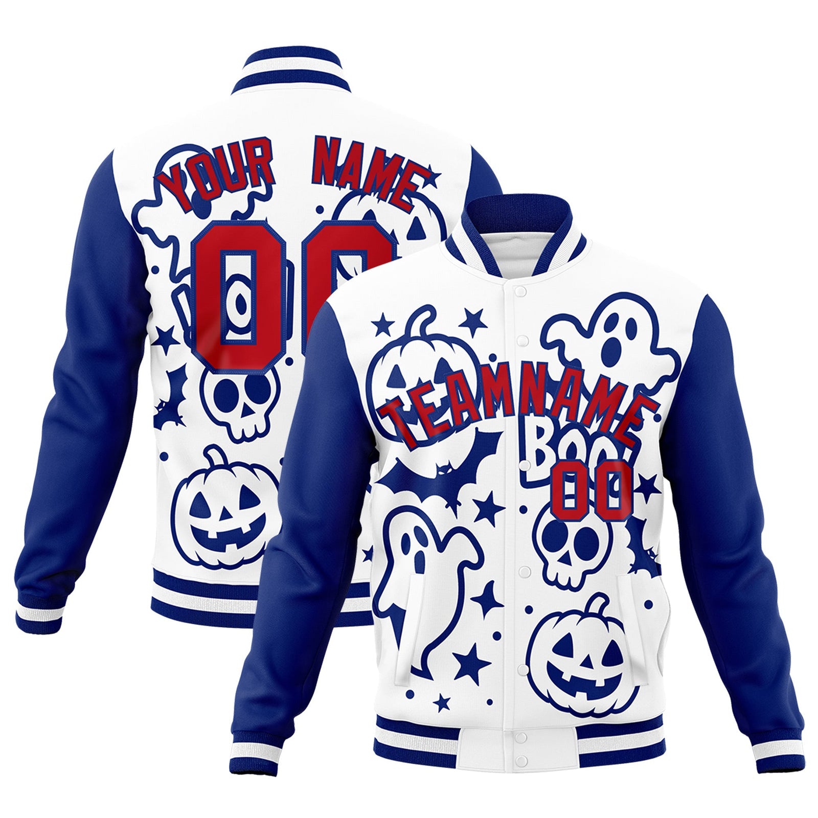 Custom Royal Blue White Red Bats Pumpkins Ghost Patterns Halloween Letterman Jacket | Custom Letterman Jacket,Add Name and Numbern,Sublimation Printed & Stitched,Perfect for Parties | KXKSHOP