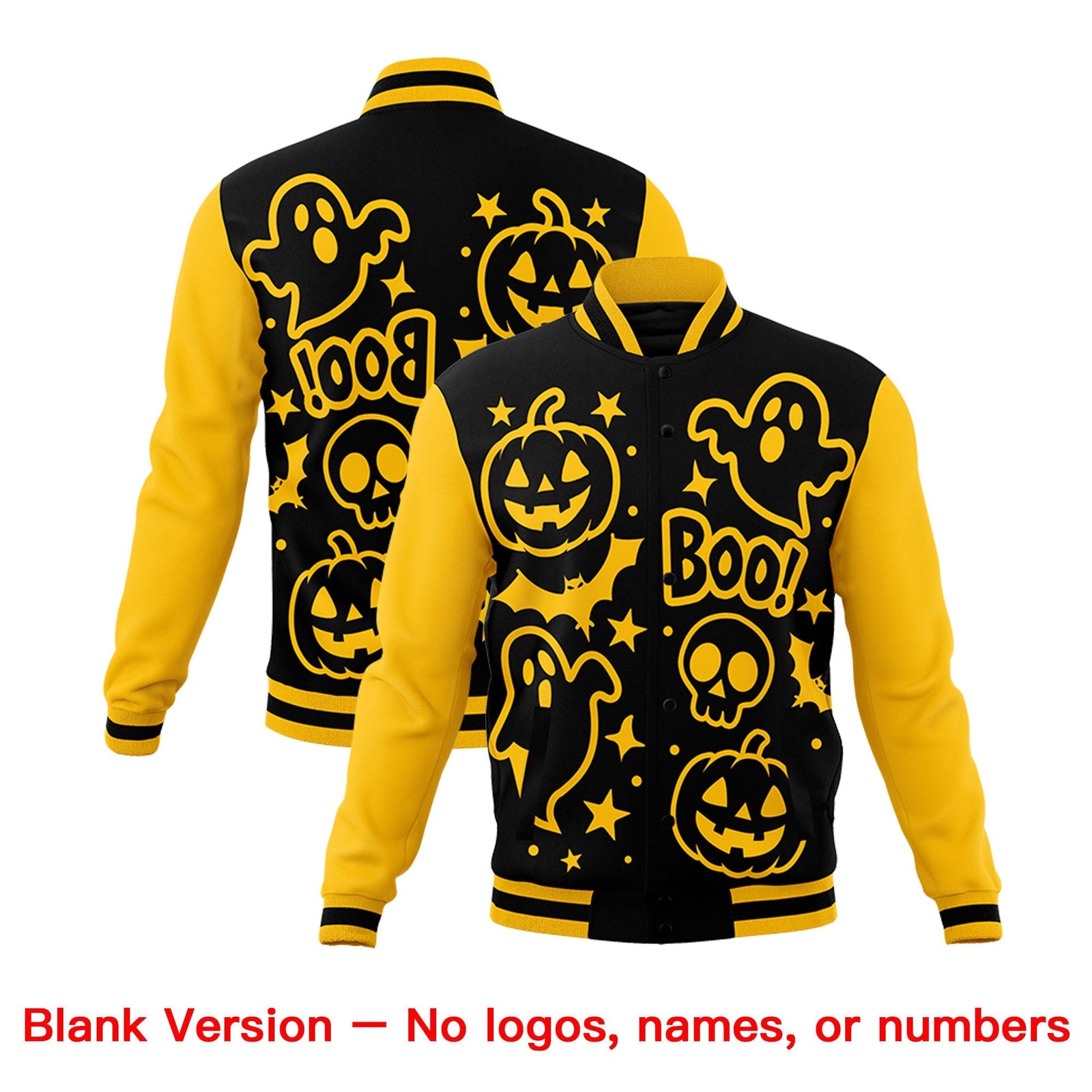 Custom Gold Black White Bats Pumpkins Ghost Patterns Halloween Letterman Jacket | Custom Letterman Jacket,Add Name and Numbern,Sublimation Printed & Stitched,Perfect for Parties | KXKSHOP