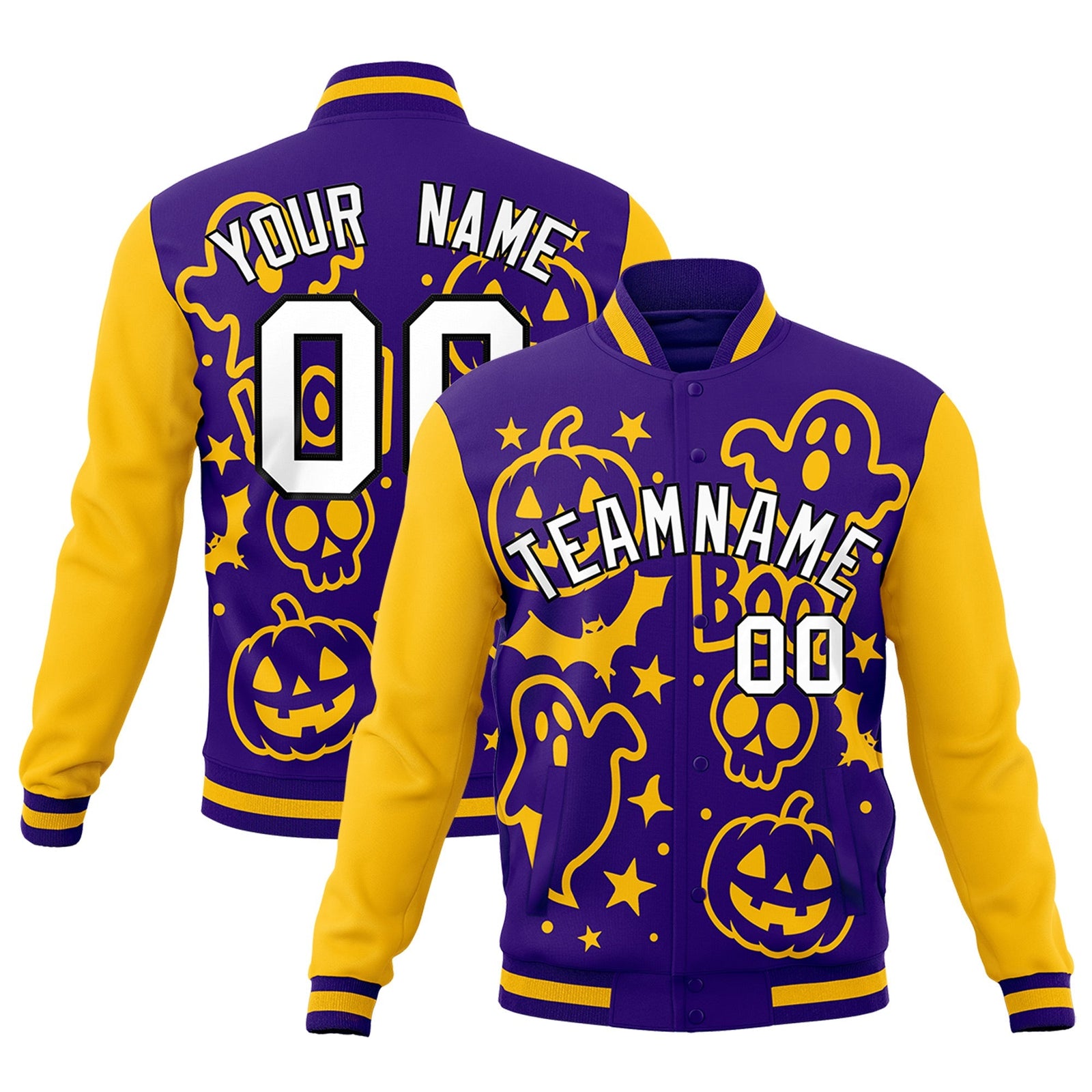 Custom Purple Gold White Bats Pumpkins Ghost Patterns Halloween Letterman Jacket | Custom Letterman Jacket,Add Name and Numbern,Sublimation Printed & Stitched,Perfect for Parties | KXKSHOP