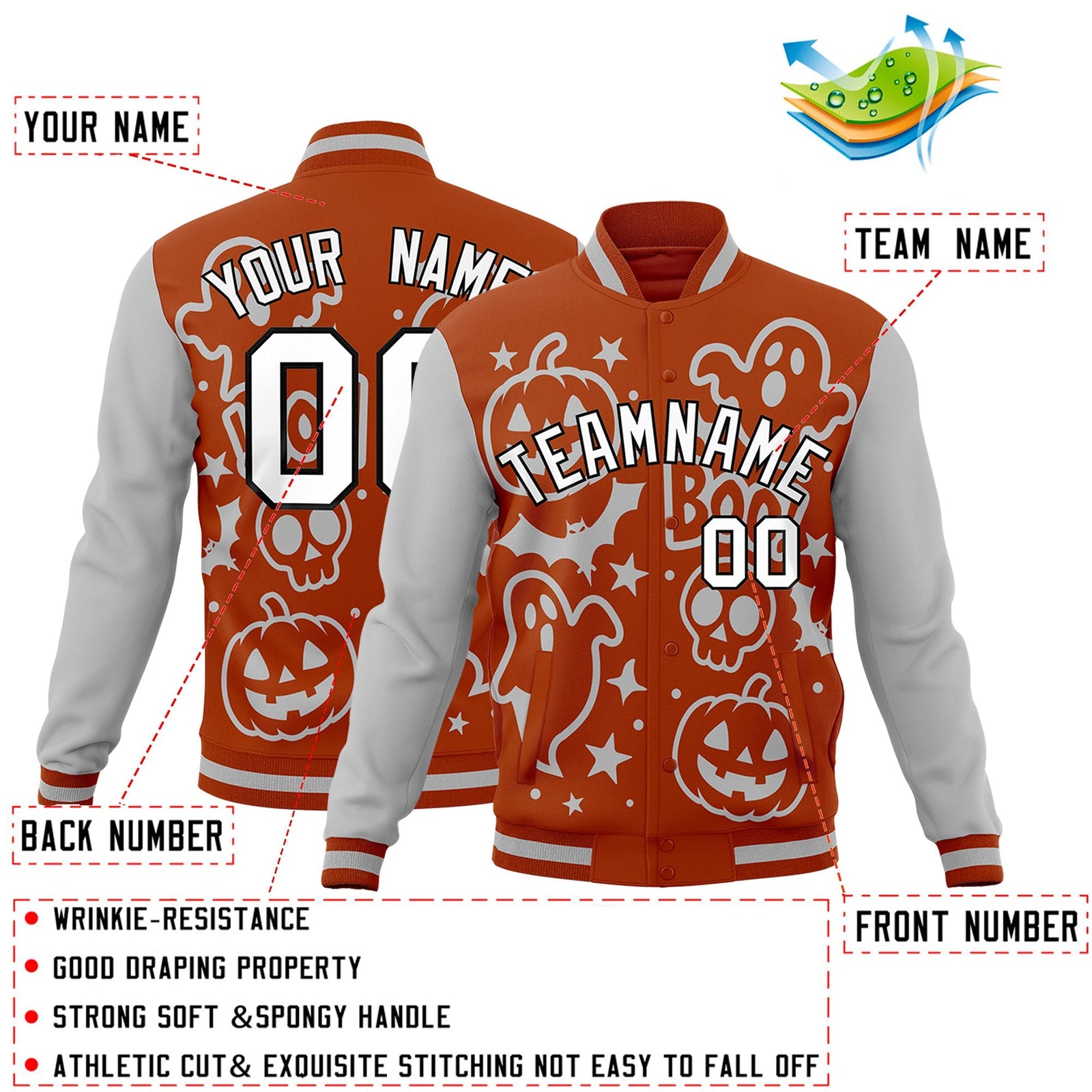 Custom Dark Orange Gray White Bats Pumpkins Ghost Patterns Halloween Letterman Jacket | Custom Letterman Jacket,Add Name and Numbern,Sublimation Printed & Stitched,Perfect for Parties | KXKSHOP