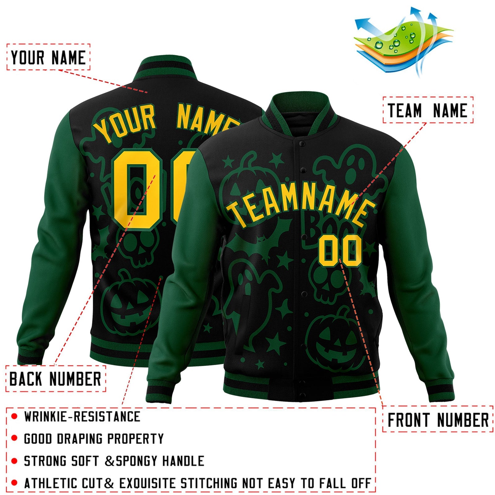 Custom Green Black Gold Bats Pumpkins Ghost Patterns Halloween Letterman Jacket | Custom Letterman Jacket,Add Name and Numbern,Sublimation Printed & Stitched,Perfect for Parties | KXKSHOP