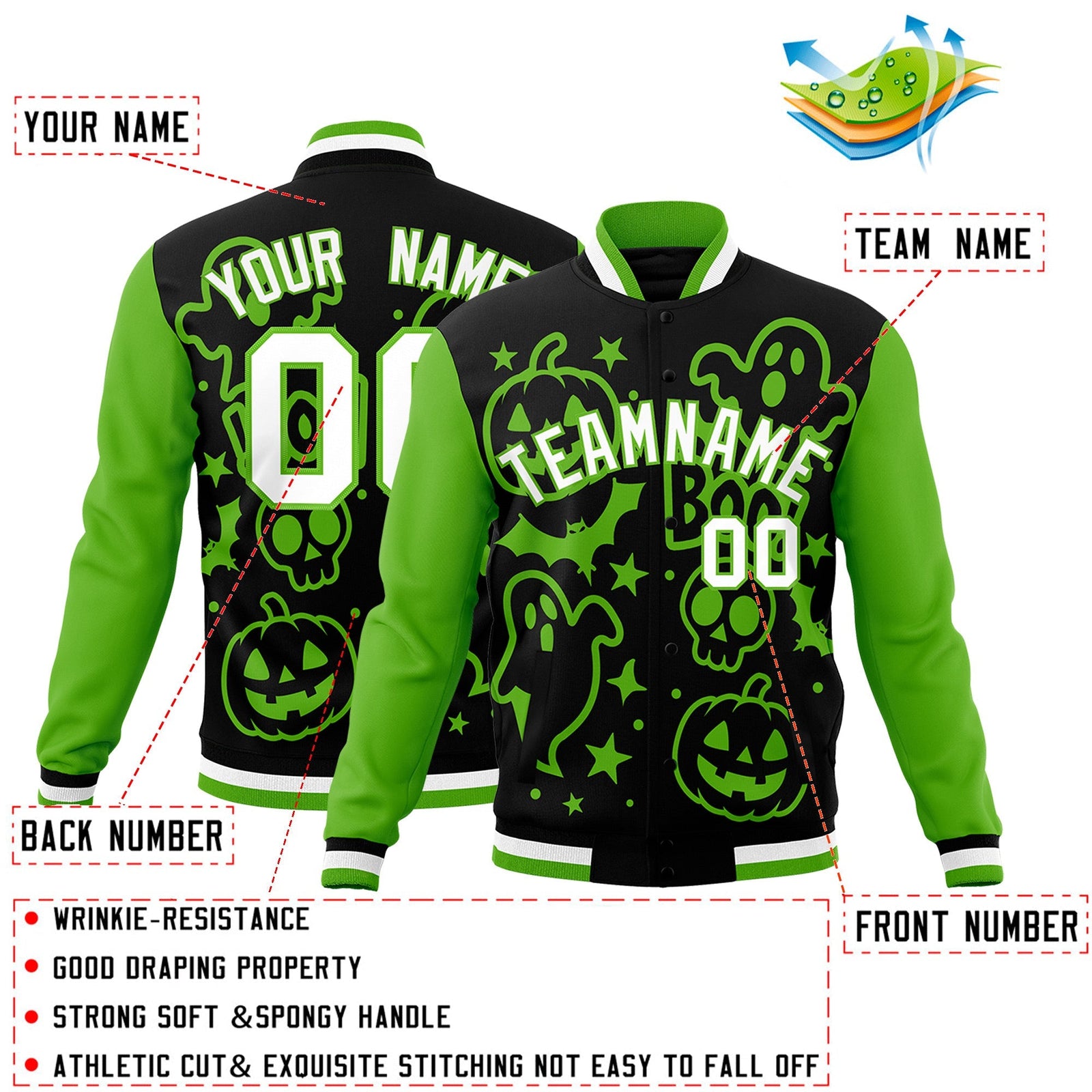 Custom Black Green White Bats Pumpkins Ghost Patterns Halloween Letterman Jacket | Custom Letterman Jacket,Add Name and Numbern,Sublimation Printed & Stitched,Perfect for Parties | KXKSHOP
