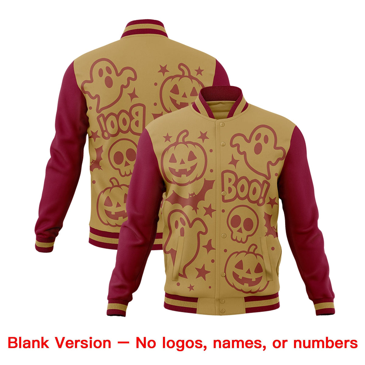 Custom Khaki Crimson Black Bats Pumpkins Ghost Patterns Halloween Letterman Jacket | Custom Letterman Jacket,Add Name and Numbern,Sublimation Printed &amp; Stitched,Perfect for Parties | KXKSHOP