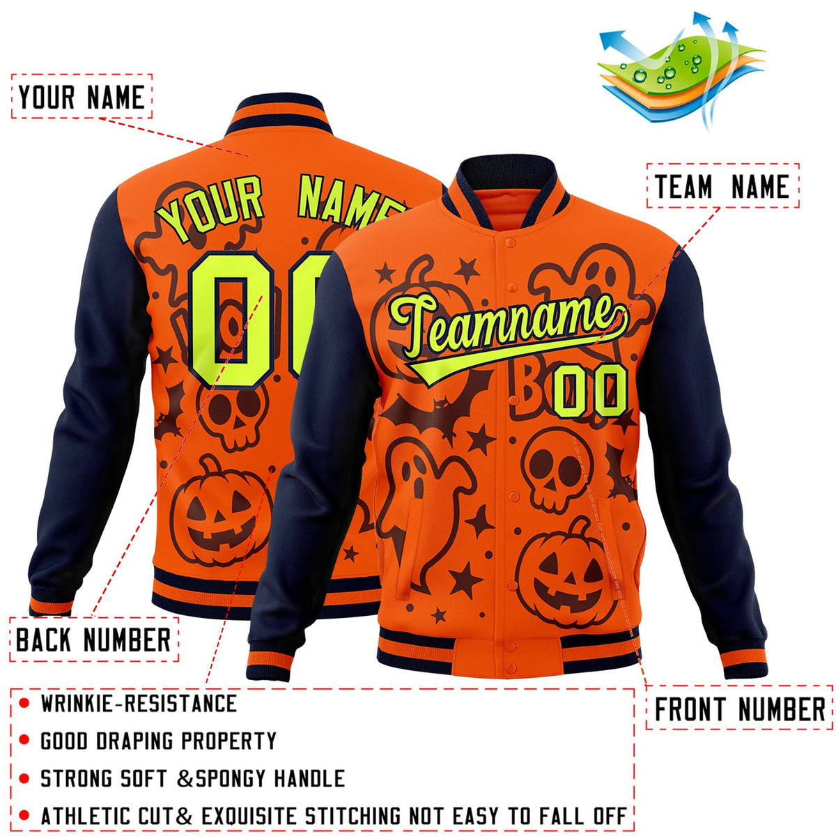 Custom Navy Orange Teal Bats Pumpkins Ghost Patterns Halloween Letterman Jacket | Custom Letterman Jacket,Add Name and Numbern,Sublimation Printed &amp; Stitched,Perfect for Parties | KXKSHOP