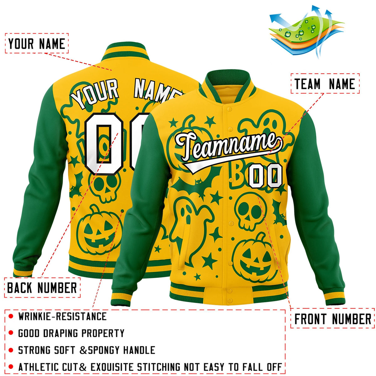 Custom Gold Kelly Green White Bats Pumpkins Ghost Patterns Halloween Letterman Jacket | Custom Letterman Jacket,Add Name and Numbern,Sublimation Printed &amp; Stitched,Perfect for Parties | KXKSHOP