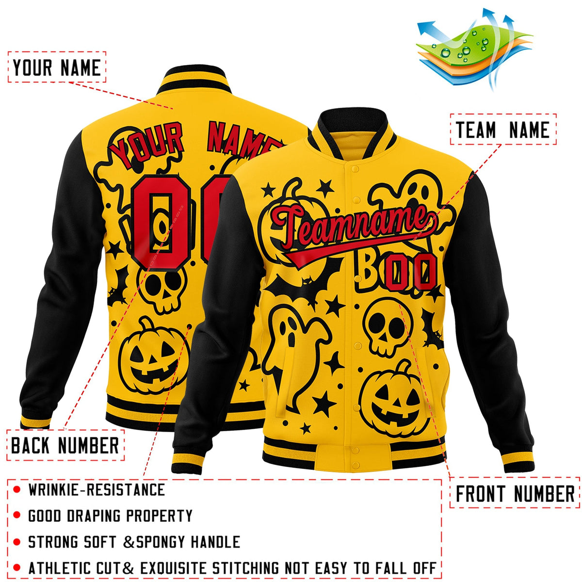 Custom Gold Black Red Bats Pumpkins Ghost Patterns Halloween Letterman Jacket | Custom Letterman Jacket,Add Name and Numbern,Sublimation Printed &amp; Stitched,Perfect for Parties | KXKSHOP
