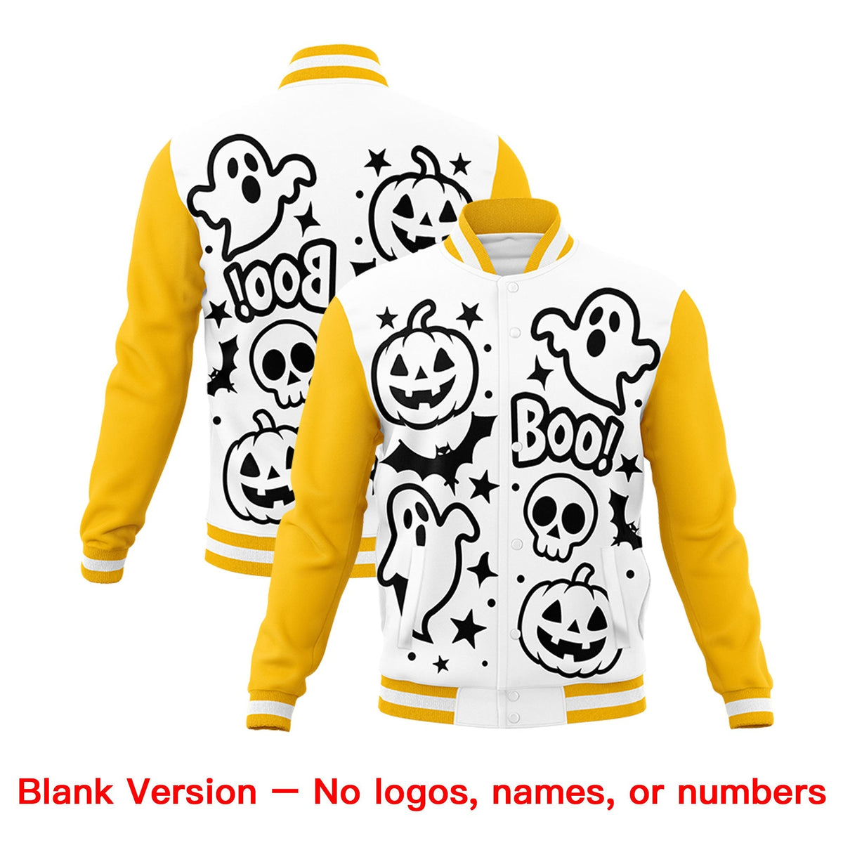 Custom White Black Gold Bats Pumpkins Ghost Patterns Halloween Letterman Jacket | Custom Letterman Jacket,Add Name and Numbern,Sublimation Printed &amp; Stitched,Perfect for Parties | KXKSHOP