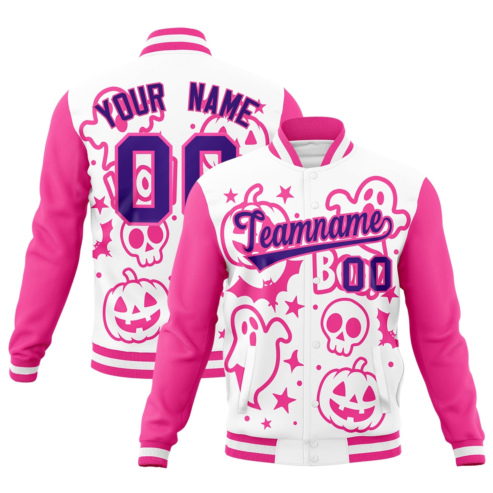 Custom White Pink Purple Bats Pumpkins Ghost Patterns Halloween Letterman Jacket | Custom Letterman Jacket,Add Name and Numbern,Sublimation Printed & Stitched,Perfect for Parties | KXKSHOP
