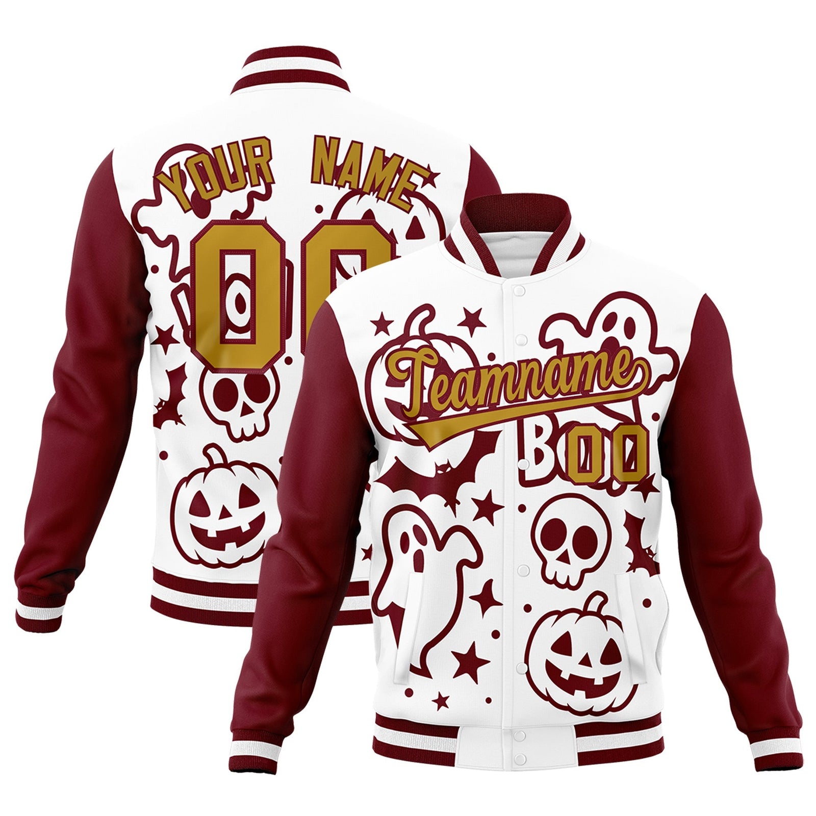Custom White Crimson Old Gold Bats Pumpkins Ghost Patterns Halloween Letterman Jacket | Custom Letterman Jacket,Add Name and Numbern,Sublimation Printed & Stitched,Perfect for Parties | KXKSHOP