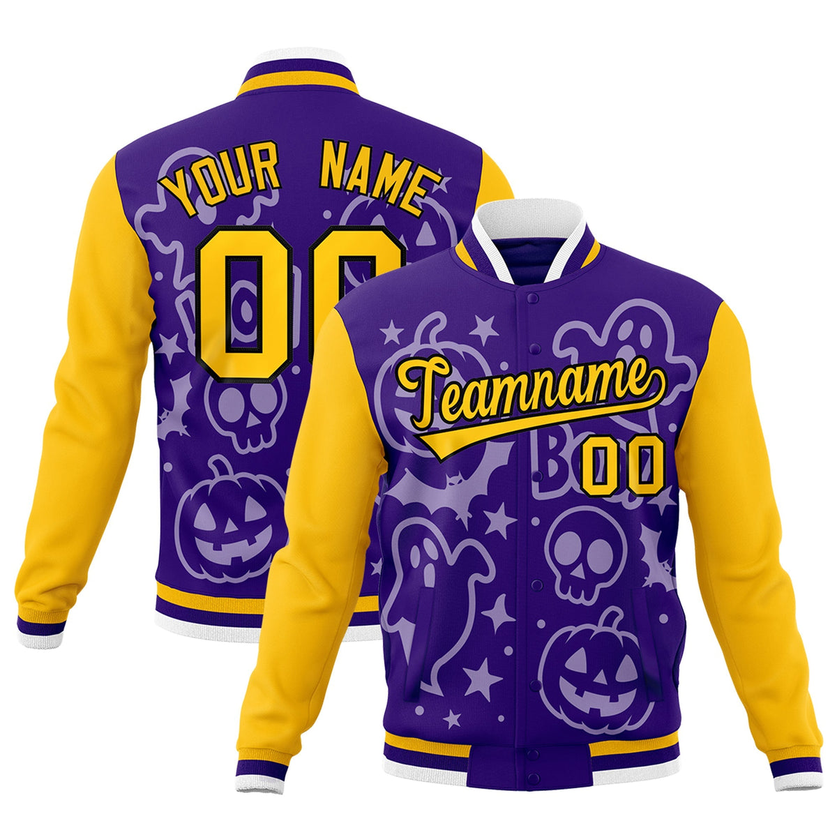 Custom Yellow Purple Gold Bats Pumpkins Ghost Patterns Halloween Letterman Jacket | Custom Letterman Jacket,Add Name and Numbern,Sublimation Printed &amp; Stitched,Perfect for Parties | KXKSHOP