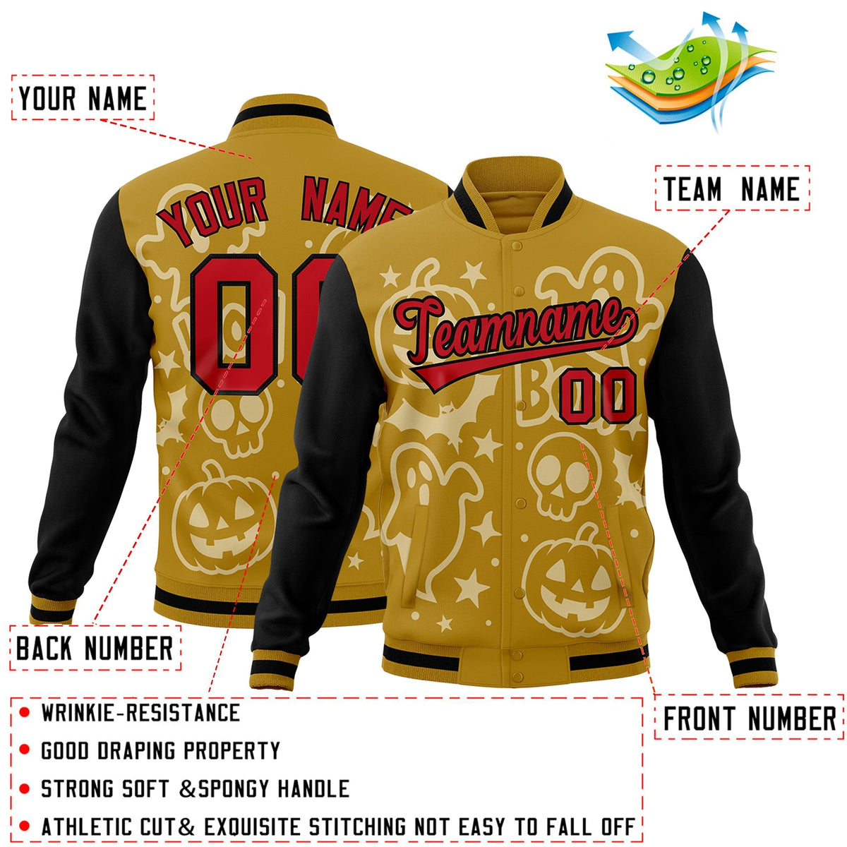 Custom Old Gold Black Red Bats Pumpkins Ghost Patterns Halloween Letterman Jacket | Custom Letterman Jacket,Add Name and Numbern,Sublimation Printed &amp; Stitched,Perfect for Parties | KXKSHOP