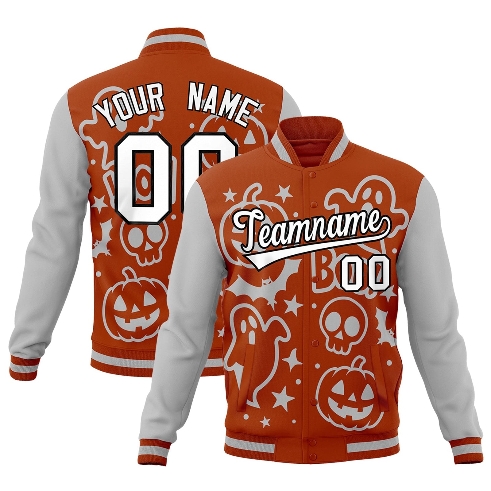 Custom Dark Orange Gray White Bats Pumpkins Ghost Patterns Halloween Letterman Jacket | Custom Letterman Jacket,Add Name and Numbern,Sublimation Printed & Stitched,Perfect for Parties | KXKSHOP