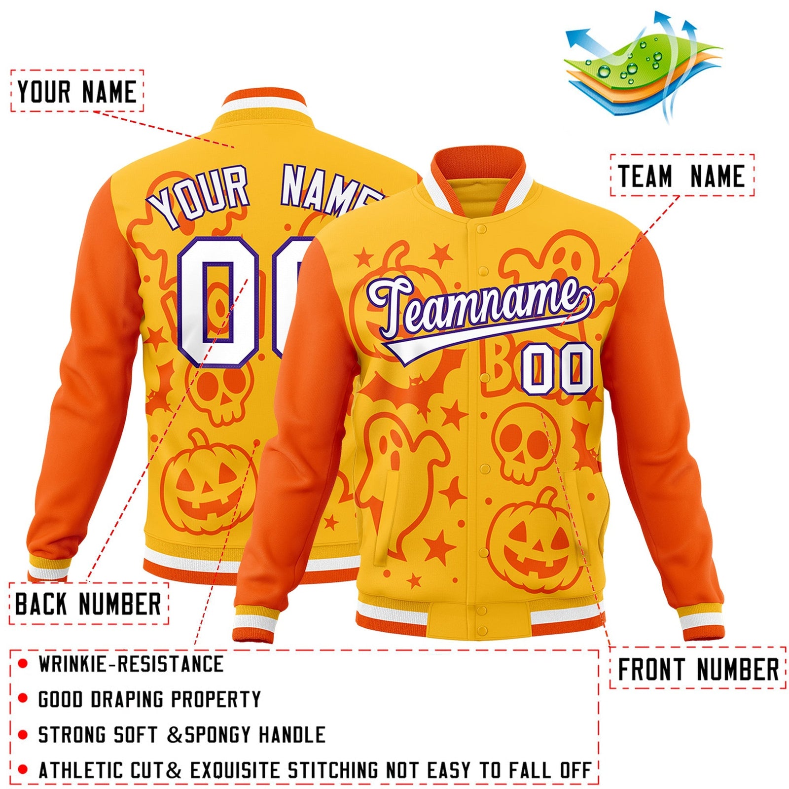 Custom Yellow Orange Gold Bats Pumpkins Ghost Patterns Halloween Letterman Jacket | Custom Letterman Jacket,Add Name and Numbern,Sublimation Printed & Stitched,Perfect for Parties | KXKSHOP