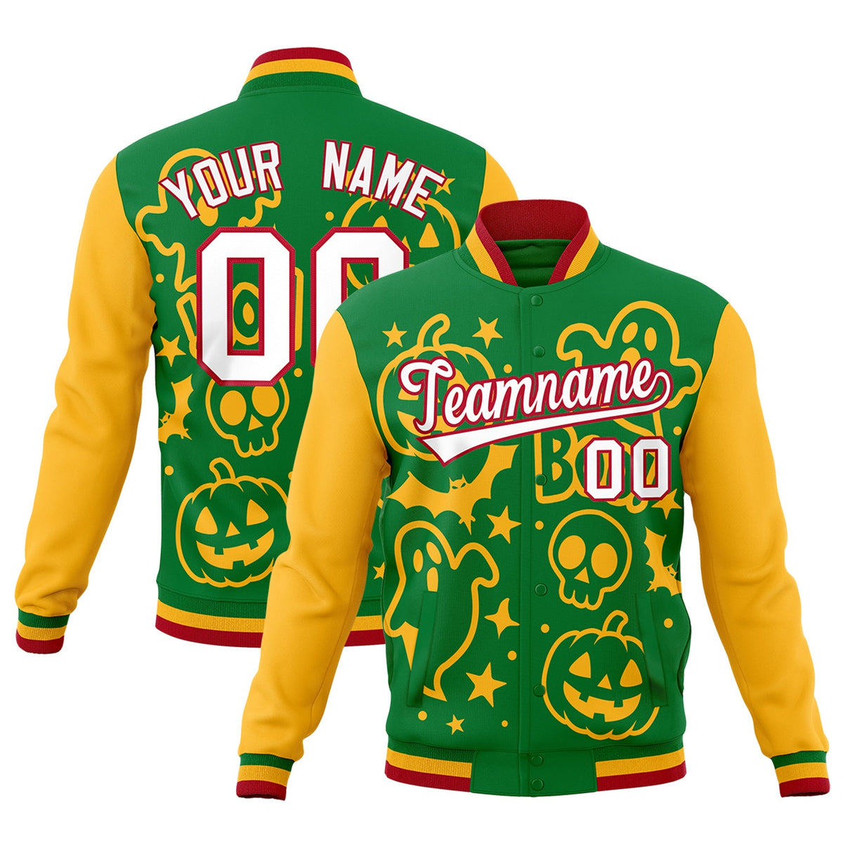 Custom Kelly Green Gold Red Bats Pumpkins Ghost Patterns Halloween Letterman Jacket | Custom Letterman Jacket,Add Name and Numbern,Sublimation Printed &amp; Stitched,Perfect for Parties | KXKSHOP