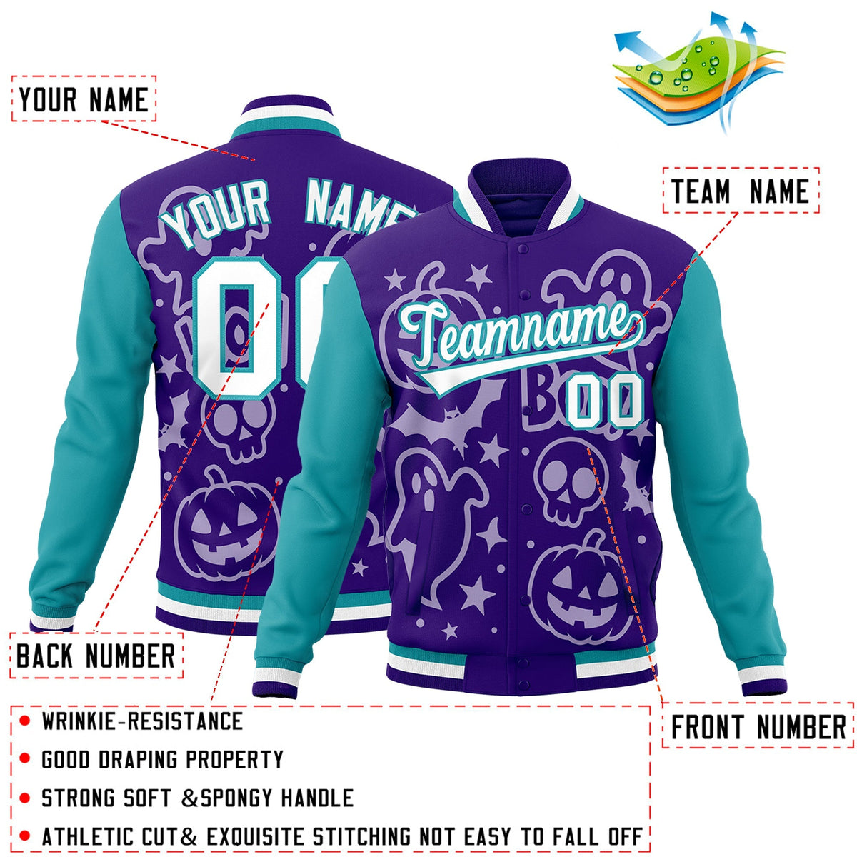 Custom Purple Aqua White Bats Pumpkins Ghost Patterns Halloween Letterman Jacket | Custom Letterman Jacket,Add Name and Numbern,Sublimation Printed &amp; Stitched,Perfect for Parties | KXKSHOP