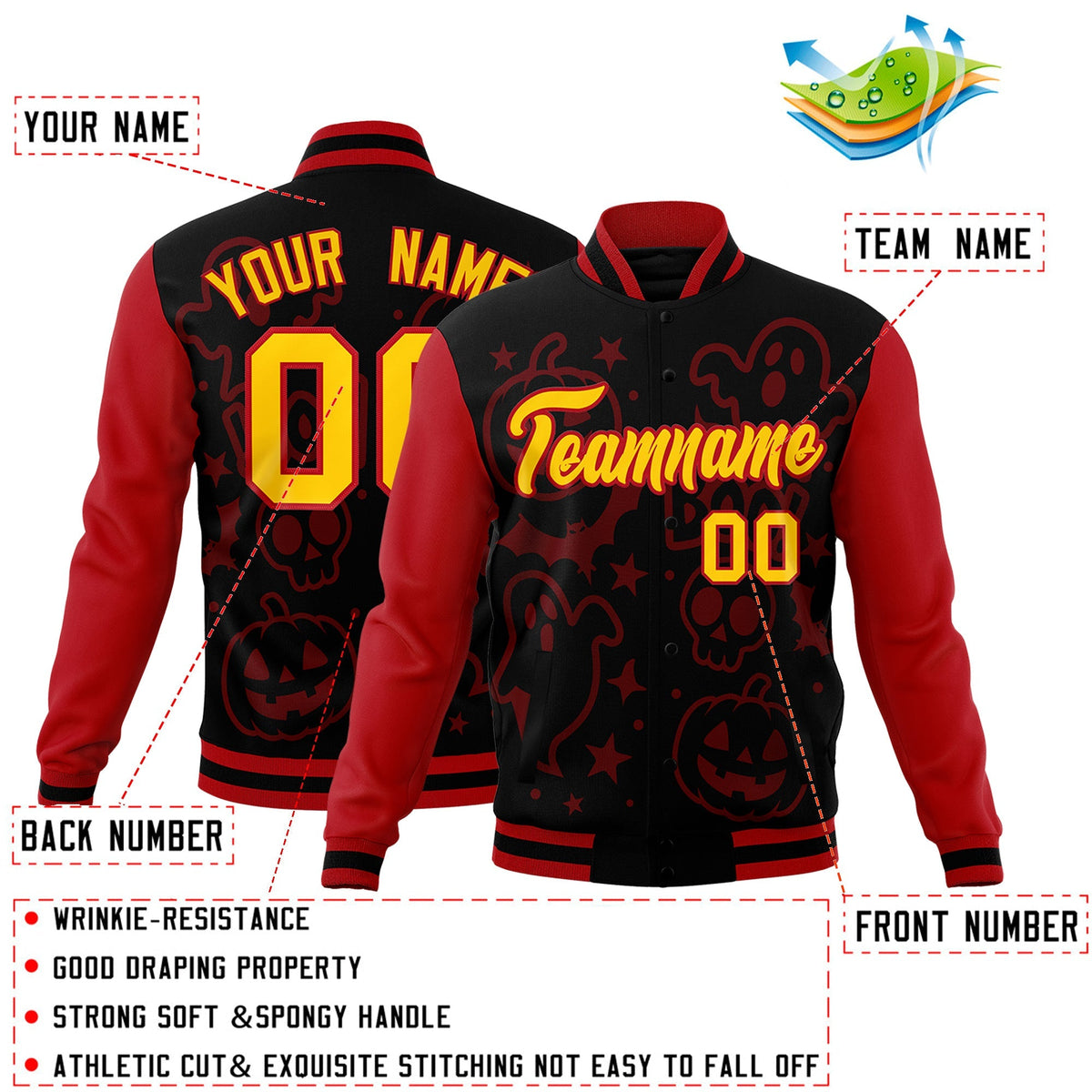 Custom Red Black Gold Bats Pumpkins Ghost Patterns Halloween Letterman Jacket | Custom Letterman Jacket,Add Name and Numbern,Sublimation Printed &amp; Stitched,Perfect for Parties | KXKSHOP