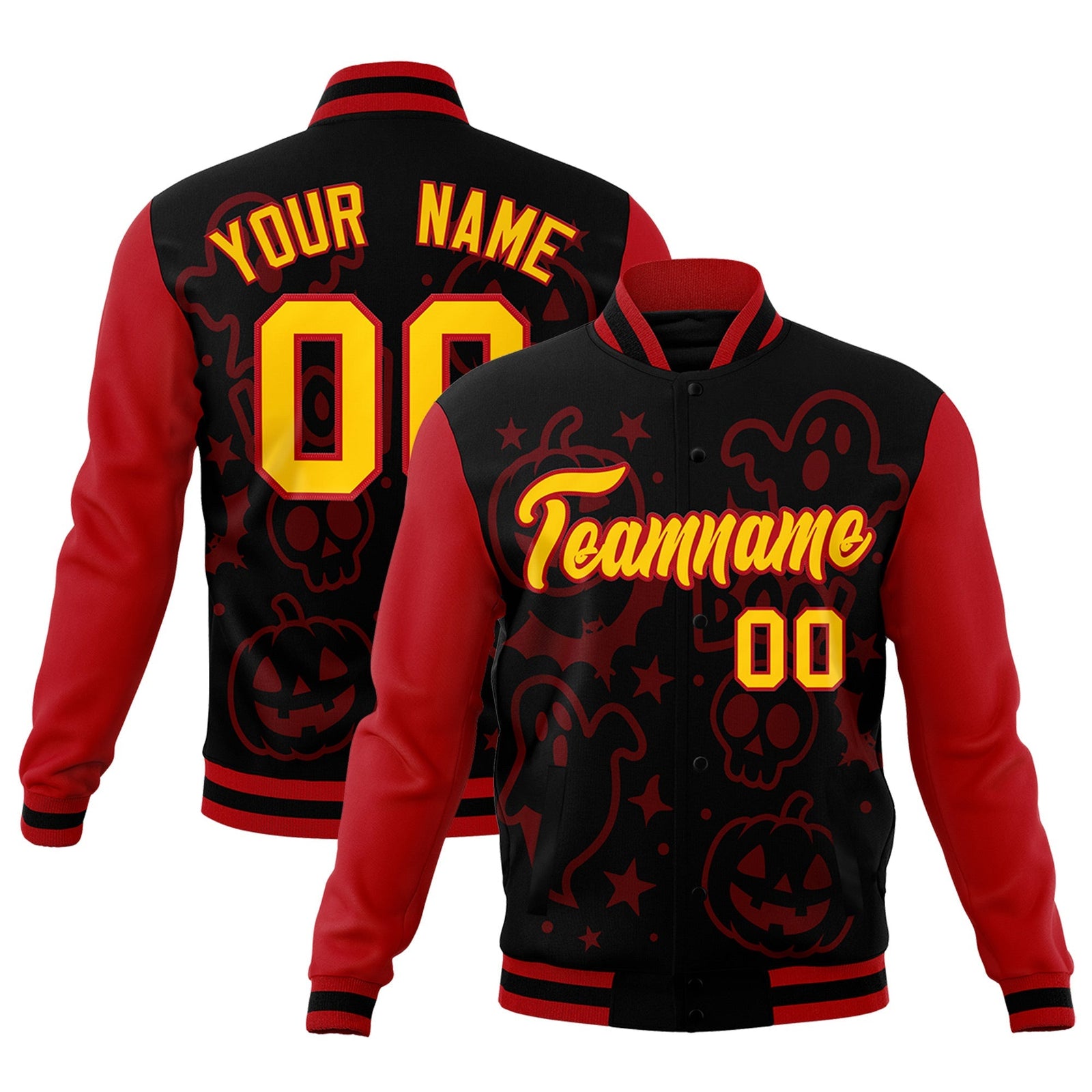 Custom Red Black Gold Bats Pumpkins Ghost Patterns Halloween Letterman Jacket | Custom Letterman Jacket,Add Name and Numbern,Sublimation Printed & Stitched,Perfect for Parties | KXKSHOP