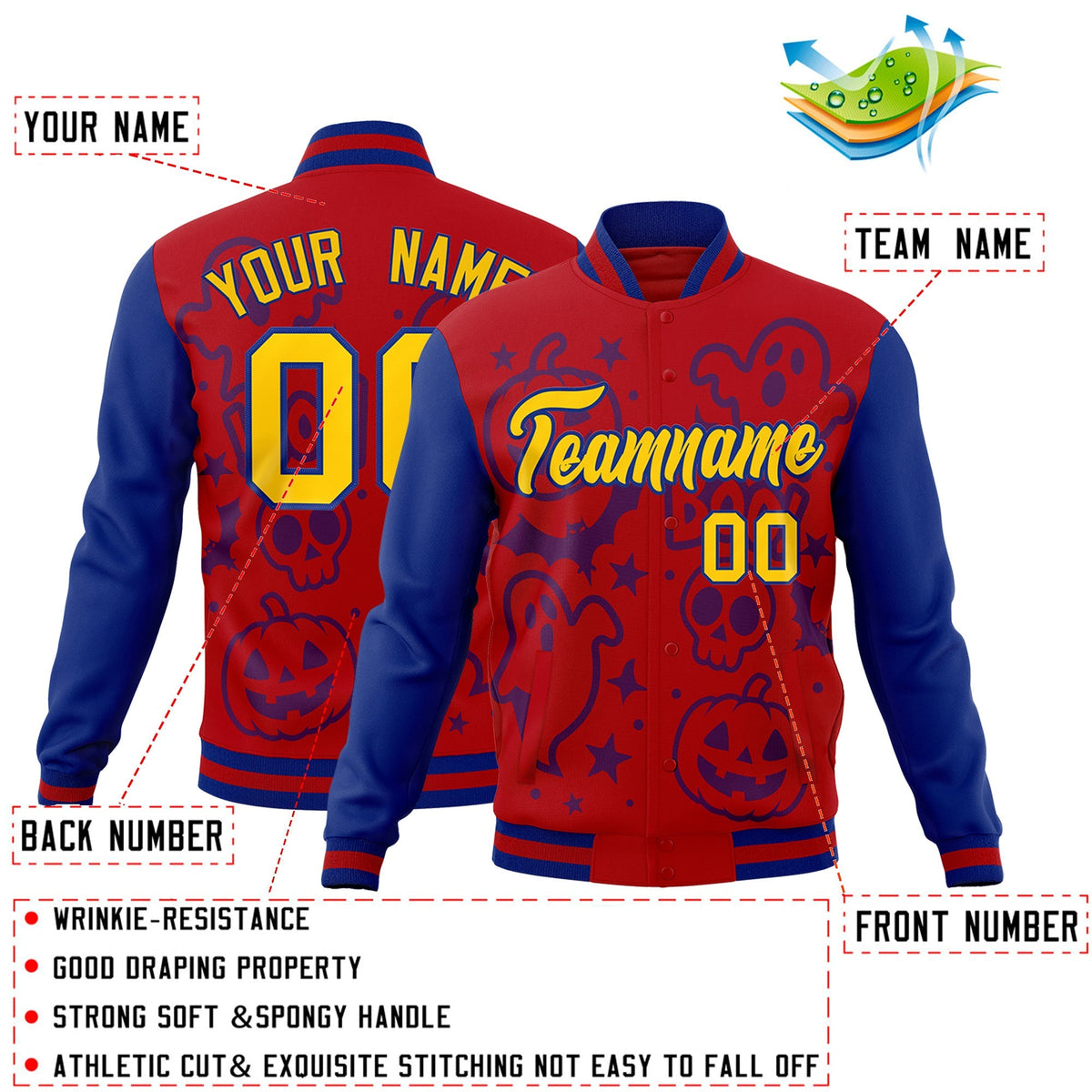 Custom Royal Red Royal Blue Bats Pumpkins Ghost Patterns Halloween Letterman Jacket | Custom Letterman Jacket,Add Name and Numbern,Sublimation Printed &amp; Stitched,Perfect for Parties | KXKSHOP