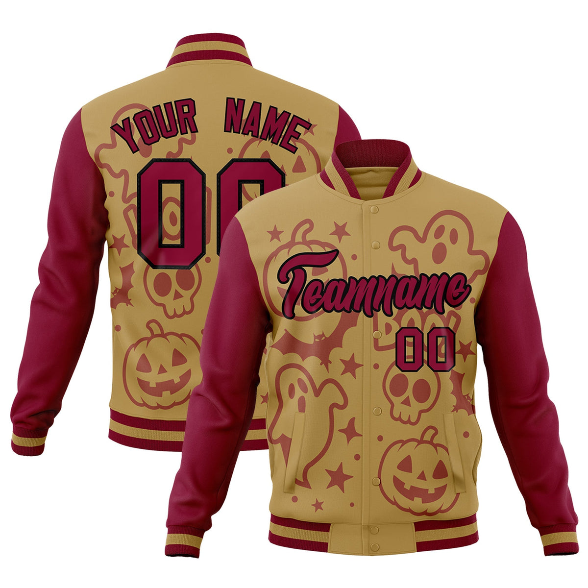 Custom Khaki Crimson Black Bats Pumpkins Ghost Patterns Halloween Letterman Jacket | Custom Letterman Jacket,Add Name and Numbern,Sublimation Printed &amp; Stitched,Perfect for Parties | KXKSHOP