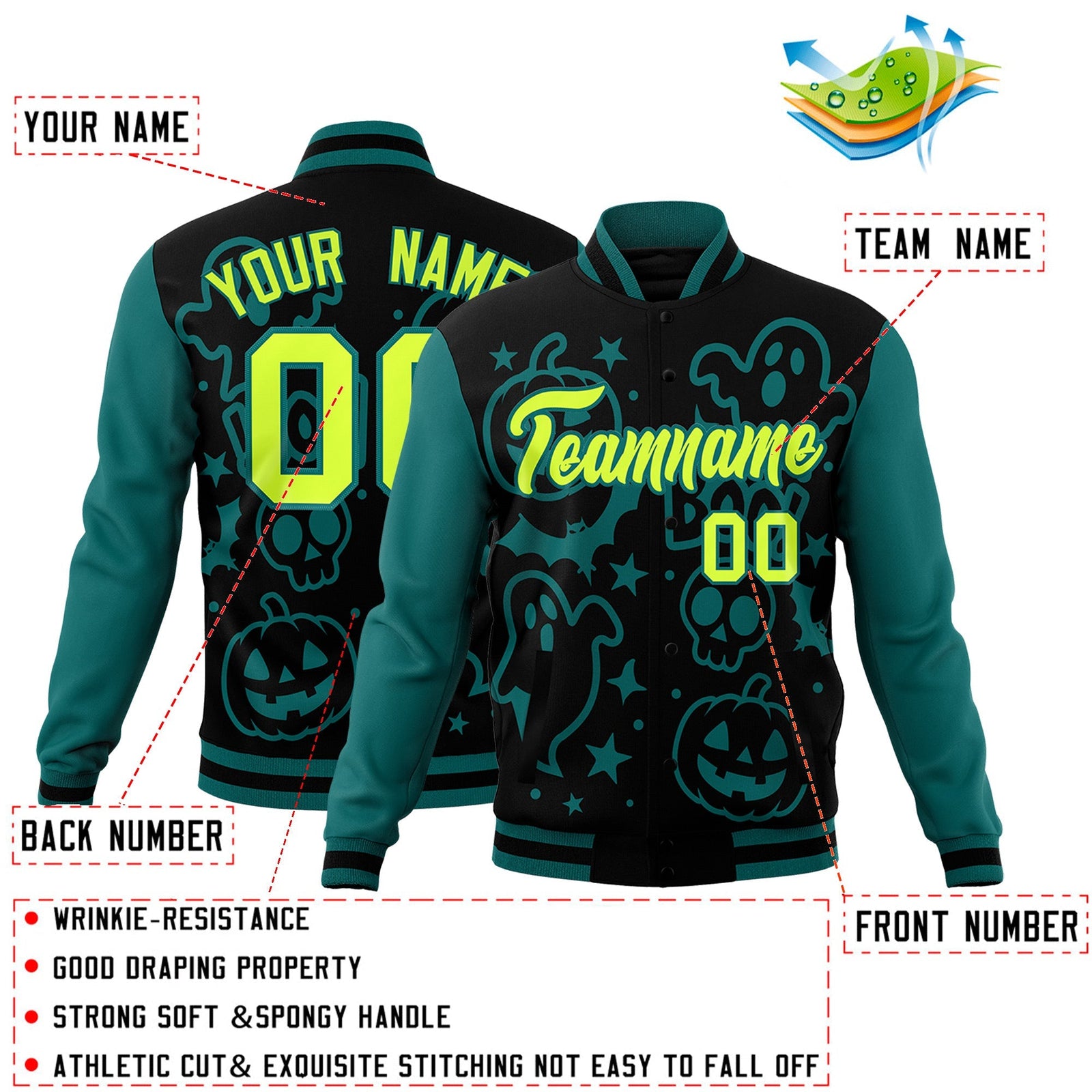Custom Teal Black Neon Green Bats Pumpkins Ghost Patterns Halloween Letterman Jacket | Custom Letterman Jacket,Add Name and Numbern,Sublimation Printed & Stitched,Perfect for Parties | KXKSHOP