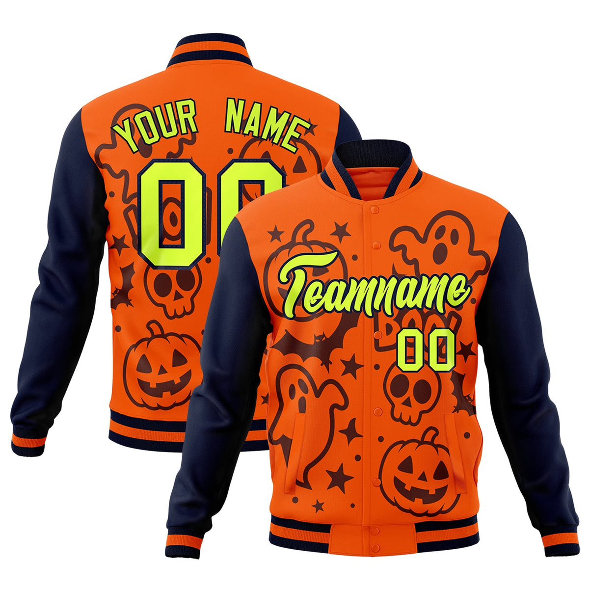 Custom Navy Orange Teal Bats Pumpkins Ghost Patterns Halloween Letterman Jacket | Custom Letterman Jacket,Add Name and Numbern,Sublimation Printed &amp; Stitched,Perfect for Parties | KXKSHOP